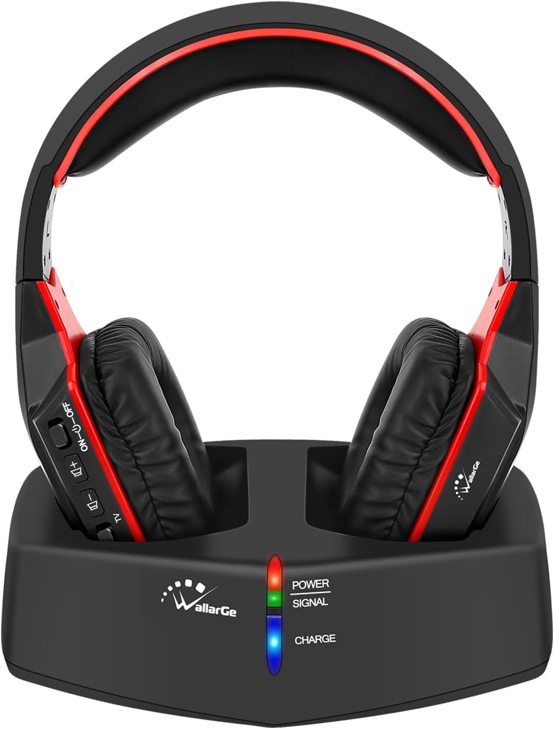WallarGe Wireless Headphones for TV Watching with RF Transmitter Charging Dock, Plug and Play, 100 Ft Wireless Range, Rechargeable 20 Hour Battery (Black with Red) WallarGe Wireless Headphones for TV Watching with RF Transmitter Charging Dock, Plug and Play, 100 Ft Wireless Range, Rechargeable 20 Hour Battery (Black with Red)