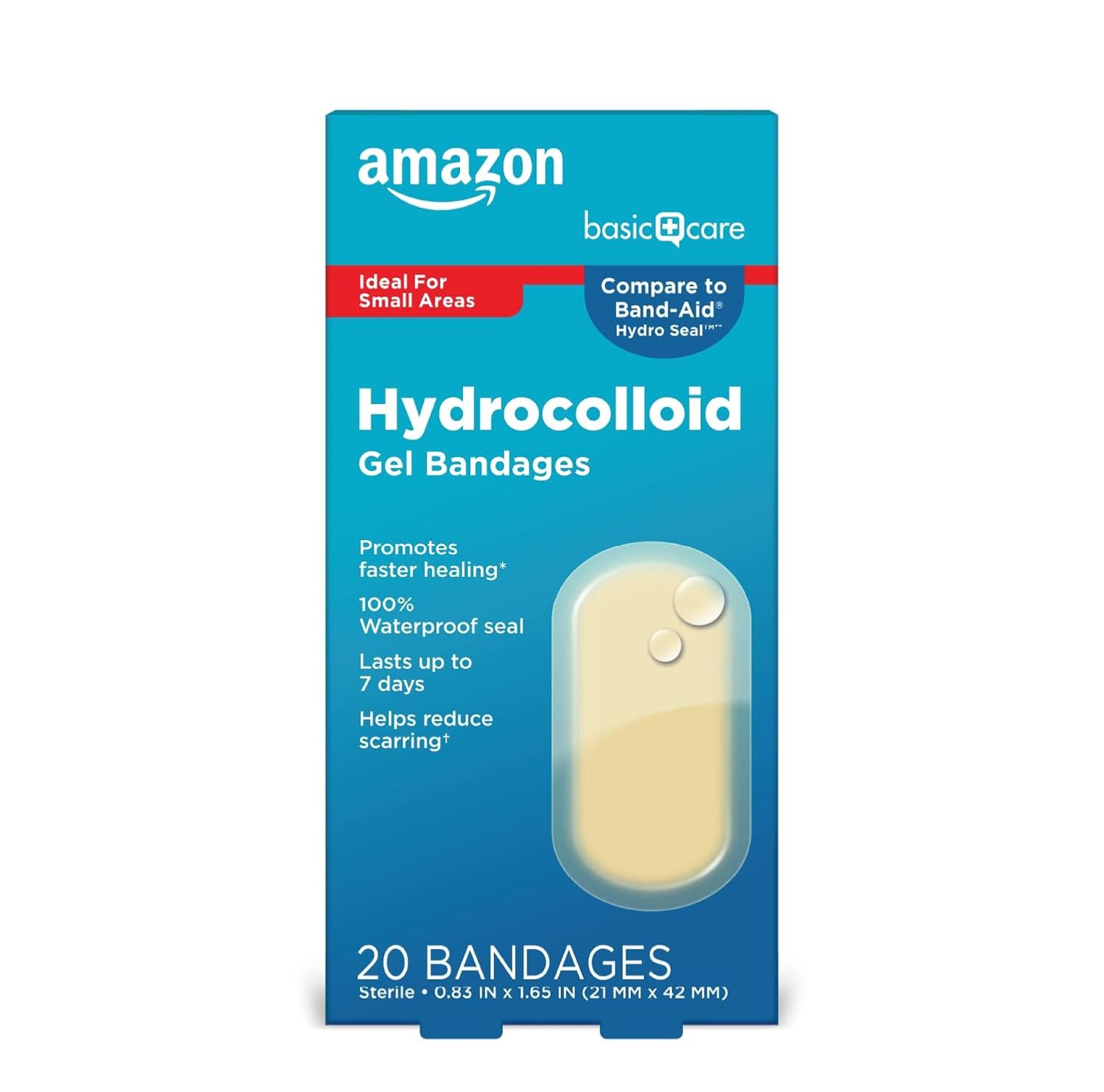 Amazon Basic Care Advanced Fast Healing Hydrocolloid Gel Bandages, 0.83 x 1.65 inches Adhesive Pads (20 Count) Amazon Basic Care Advanced Fast Healing Hydrocolloid Gel Bandages, 0.83 x 1.65 inches Adhesive Pads (20 Count)