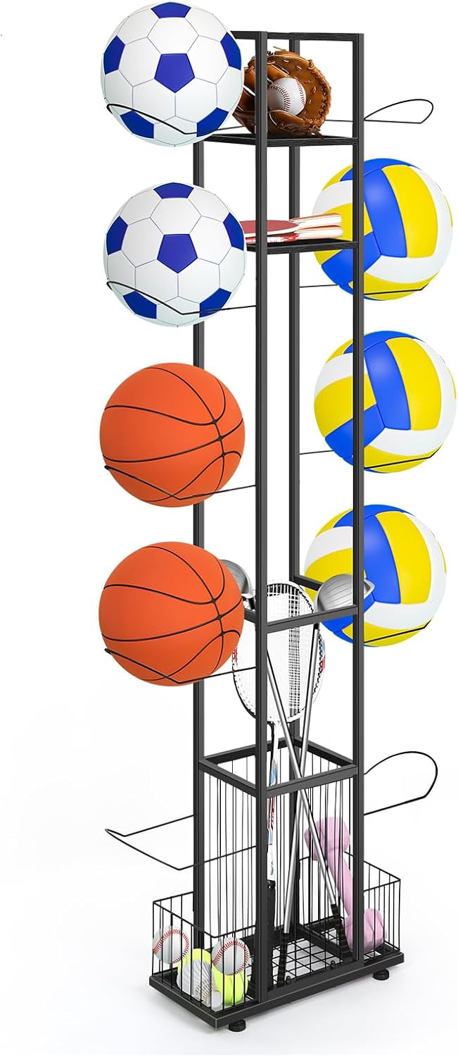 Vrisa Garage Ball Storage Vertical Ball Rack Space-Saving Sports Ball Equipment Storage Organizer for Soccer, Volleyball, Football Basketball Holder for Garage, Indoor Home, Gym, School, Outdoor Vrisa Garage Ball Storage Vertical Ball Rack Space-Saving Sports Ball Equipment Storage Organizer for Soccer, Volleyball, Football Basketball Holder for Garage, Indoor Home, Gym, School, Outdoor