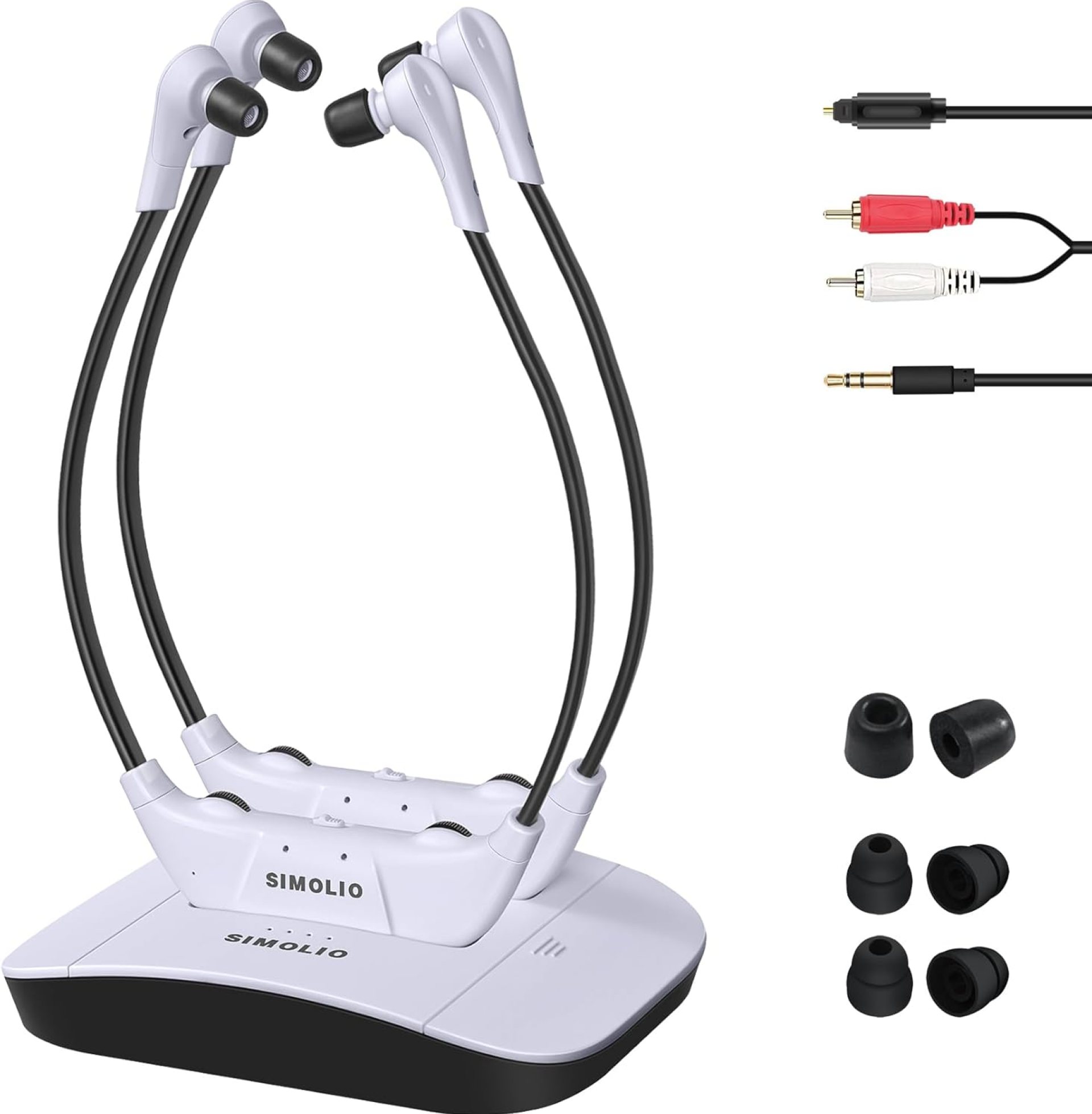 SIMOLIO Dual Wireless Headphones for TV Watching with Spare Battery for Seniors and The Elderly, Tone and Balance Control, Ambient Sound Listener, 100 ft Work Range, No Audio Delay, SM-824D2 SIMOLIO Dual Wireless Headphones for TV Watching with Spare Battery for Seniors and The Elderly, Tone and Balance Control, Ambient Sound Listener, 100 ft Work Range, No Audio Delay, SM-824D2