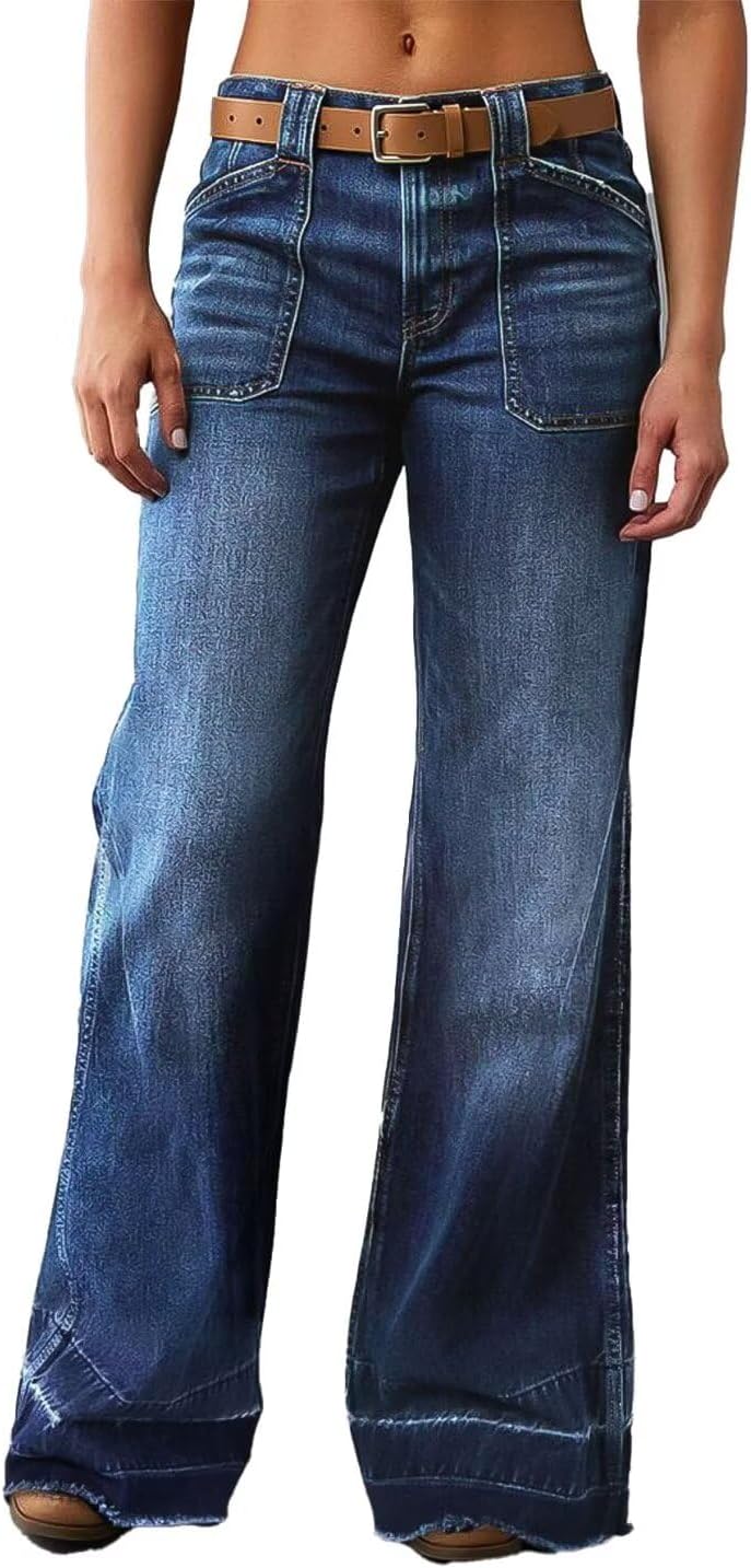 Flamingals Wide Straight Leg Mid Rise Baggy Pocket Denim Jeans Without Belt Flamingals Wide Straight Leg Mid Rise Baggy Pocket Denim Jeans Without Belt