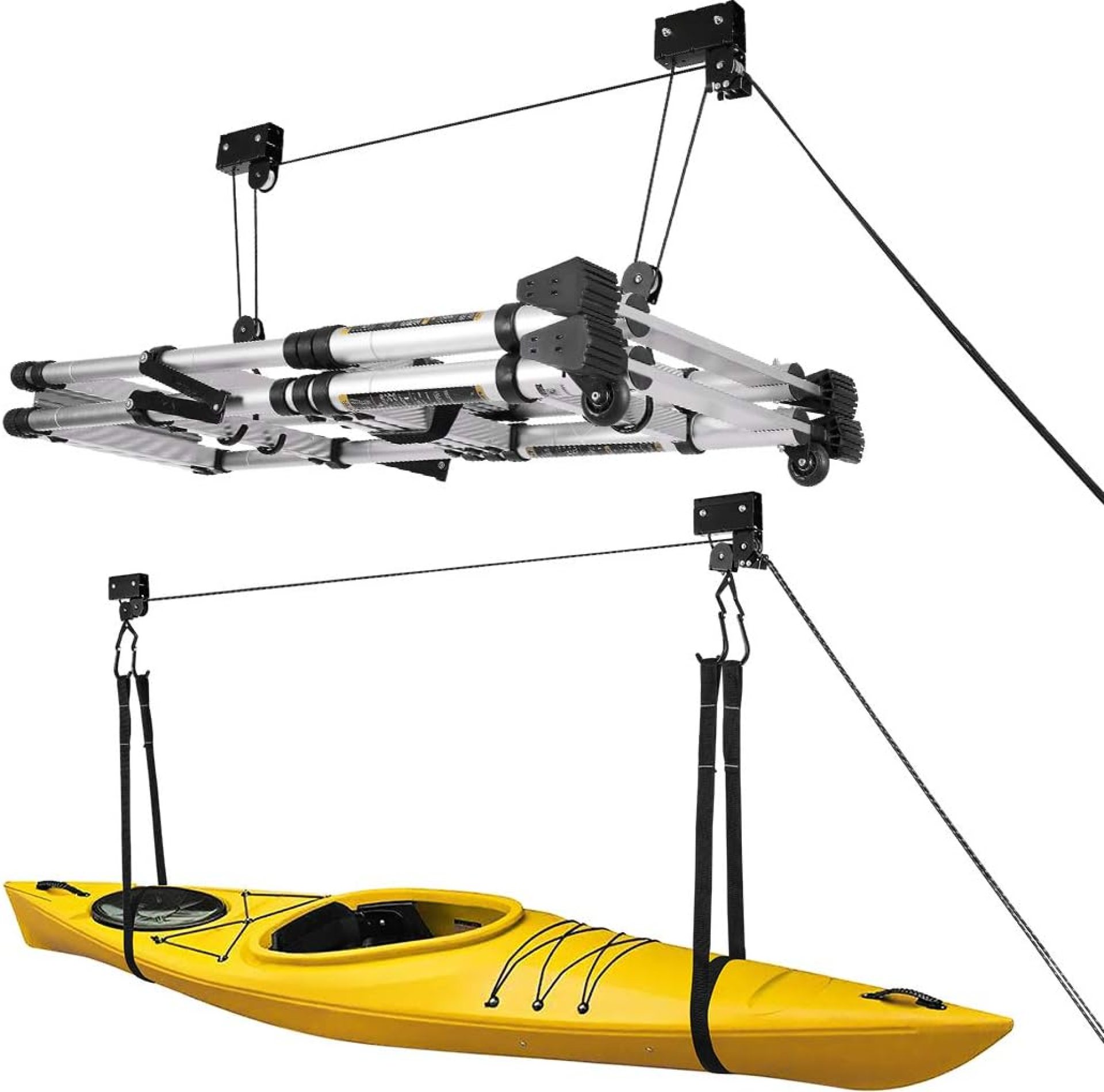 VIVOHOME Kayak Hoist 2-Pack Garage Storage Canoe Ladder Lift System with 125 lb Capacity Premium Pulley Hoisting for Overhead Ceiling Hanging VIVOHOME Kayak Hoist 2-Pack Garage Storage Canoe Ladder Lift System with 125 lb Capacity Premium Pulley Hoisting for Overhead Ceiling Hanging