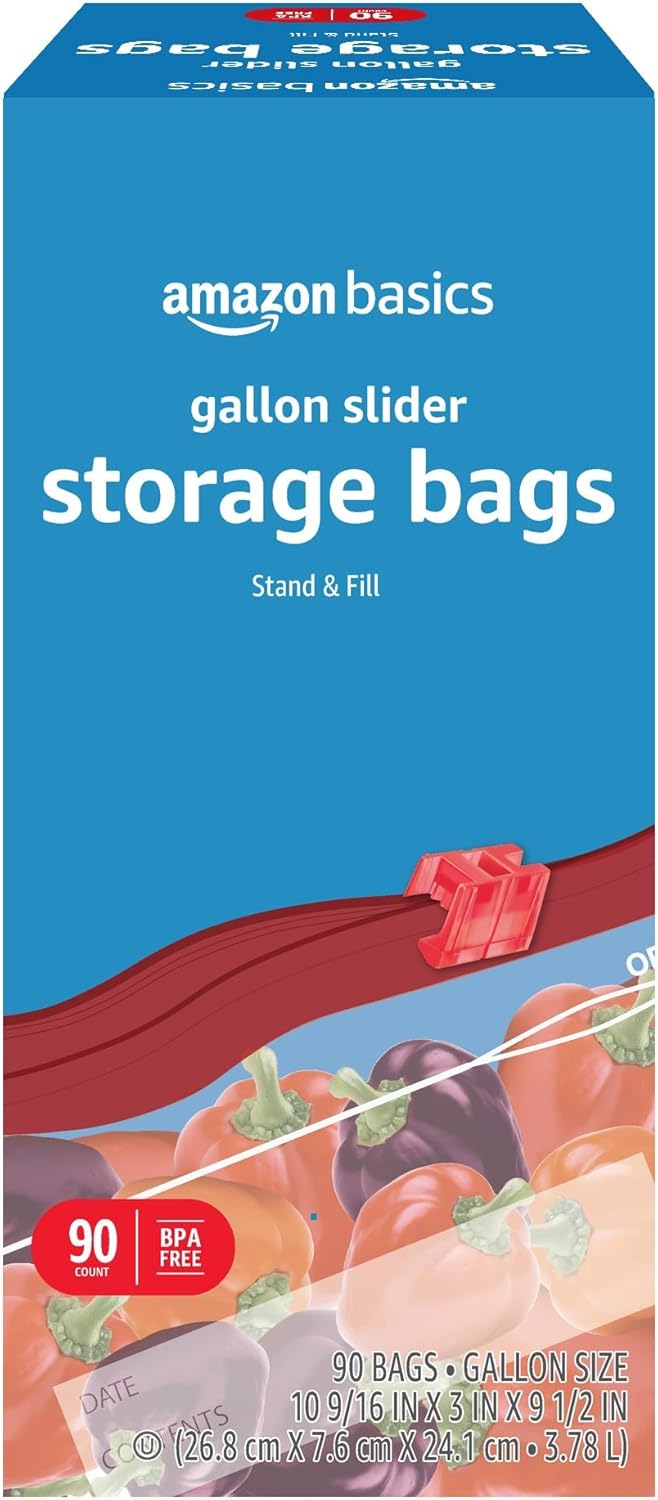 Amazon Basics Slider Gallon Food Storage Bags, Stand & Fill, 90 Count Amazon Basics Slider Gallon Food Storage Bags, Stand & Fill, 90 Count