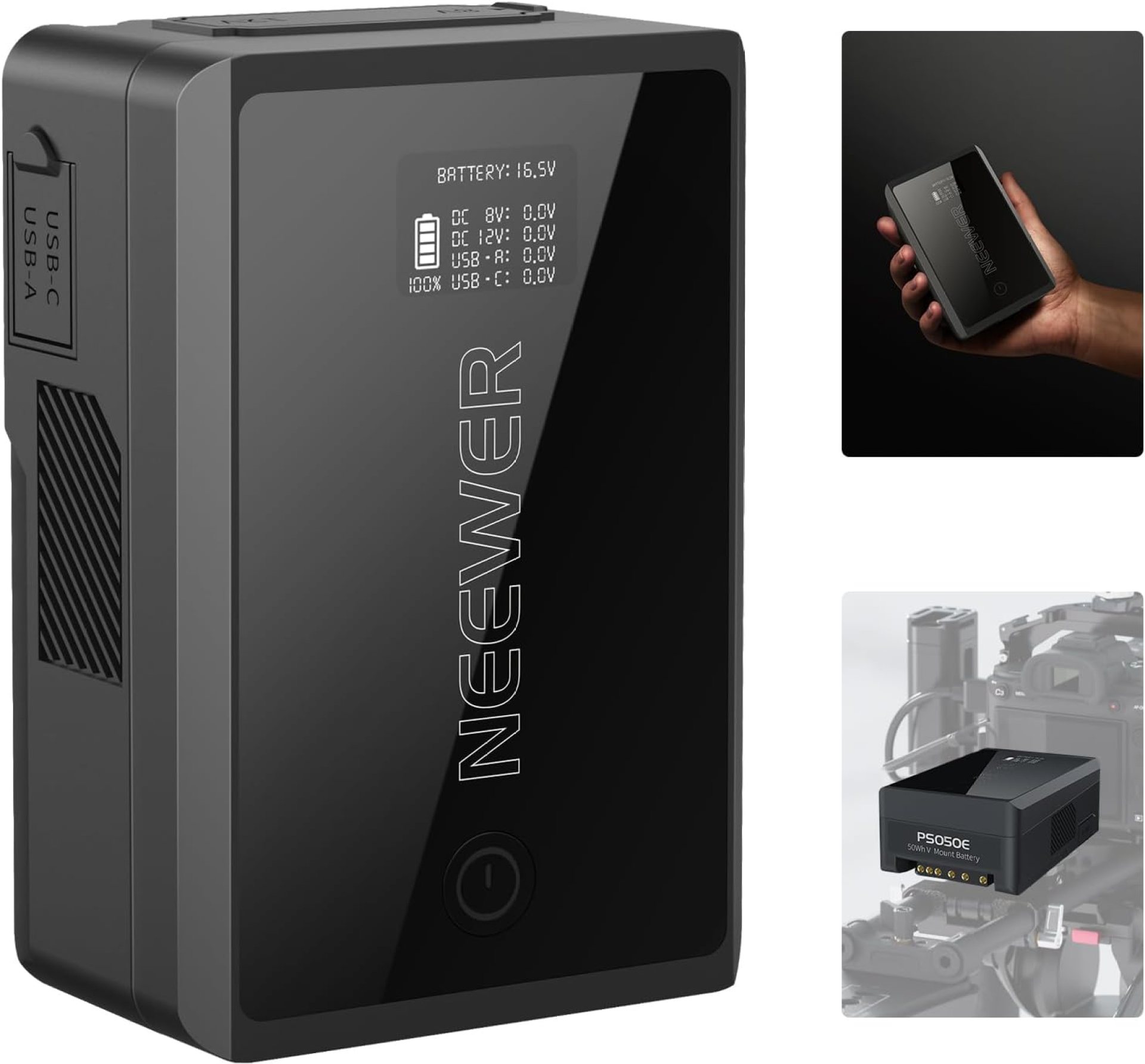 NEEWER Mini V Mount Battery with D Tap/USB C/USB A/BP/Dual DC Ports/OLED Screen, 3450mAh 50Wh 14.54V V Lock Battery Supports 45W PD Fast Charging for Camera Monitor Camcorder Video Light, PS050E NEEWER Mini V Mount Battery with D Tap/USB C/USB A/BP/Dual DC Ports/OLED Screen, 3450mAh 50Wh 14.54V V Lock Battery Supports 45W PD Fast Charging for Camera Monitor Camcorder Video Light, PS050E