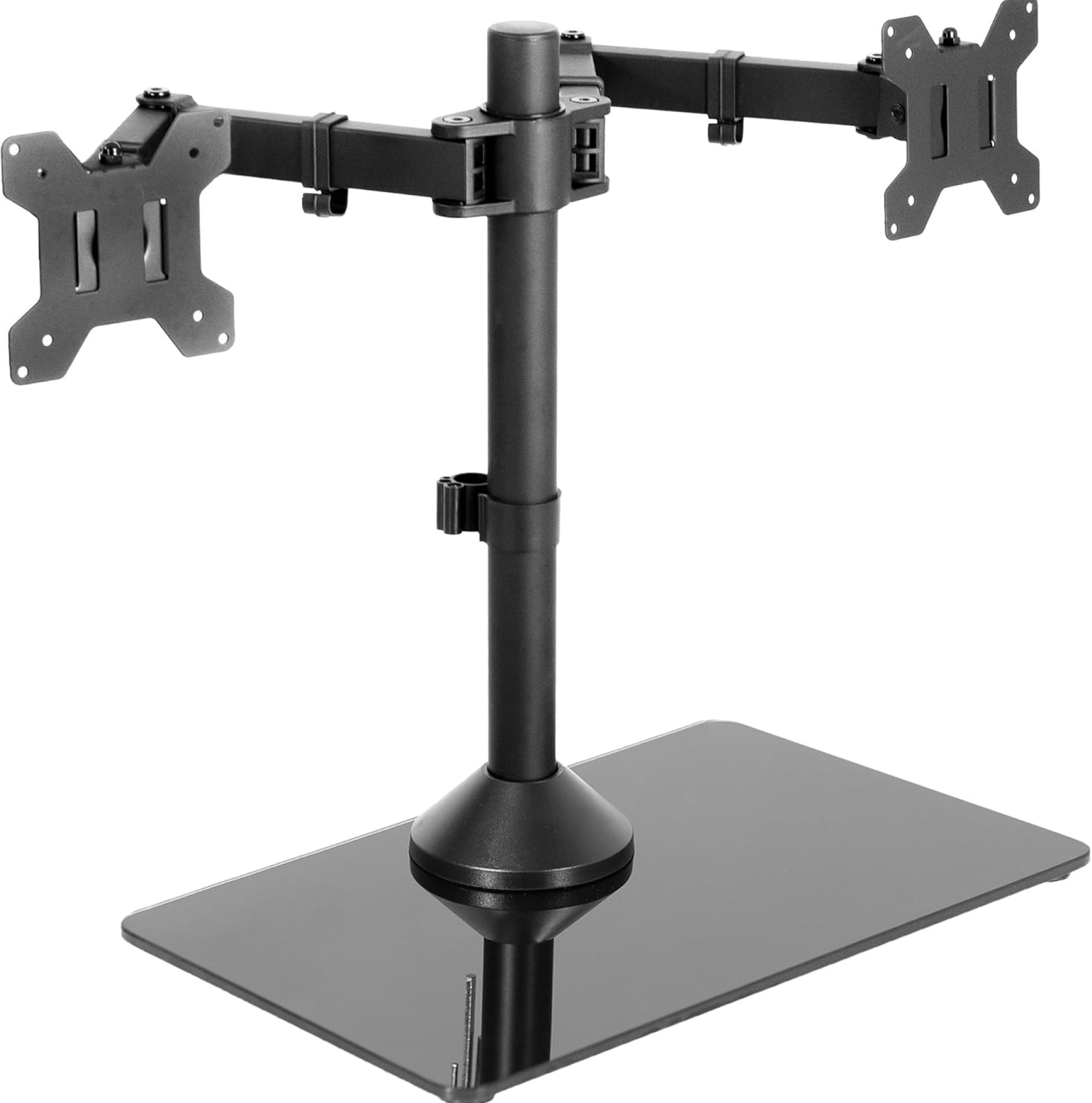 VIVO Freestanding Dual Monitor Stand with Sleek Glass Base and Adjustable Arms, Mounts 2 Screens up to 32 inch and 22 lbs Each, Black, STAND-V002FG VIVO Freestanding Dual Monitor Stand with Sleek Glass Base and Adjustable Arms, Mounts 2 Screens up to 32 inch and 22 lbs Each, Black, STAND-V002FG