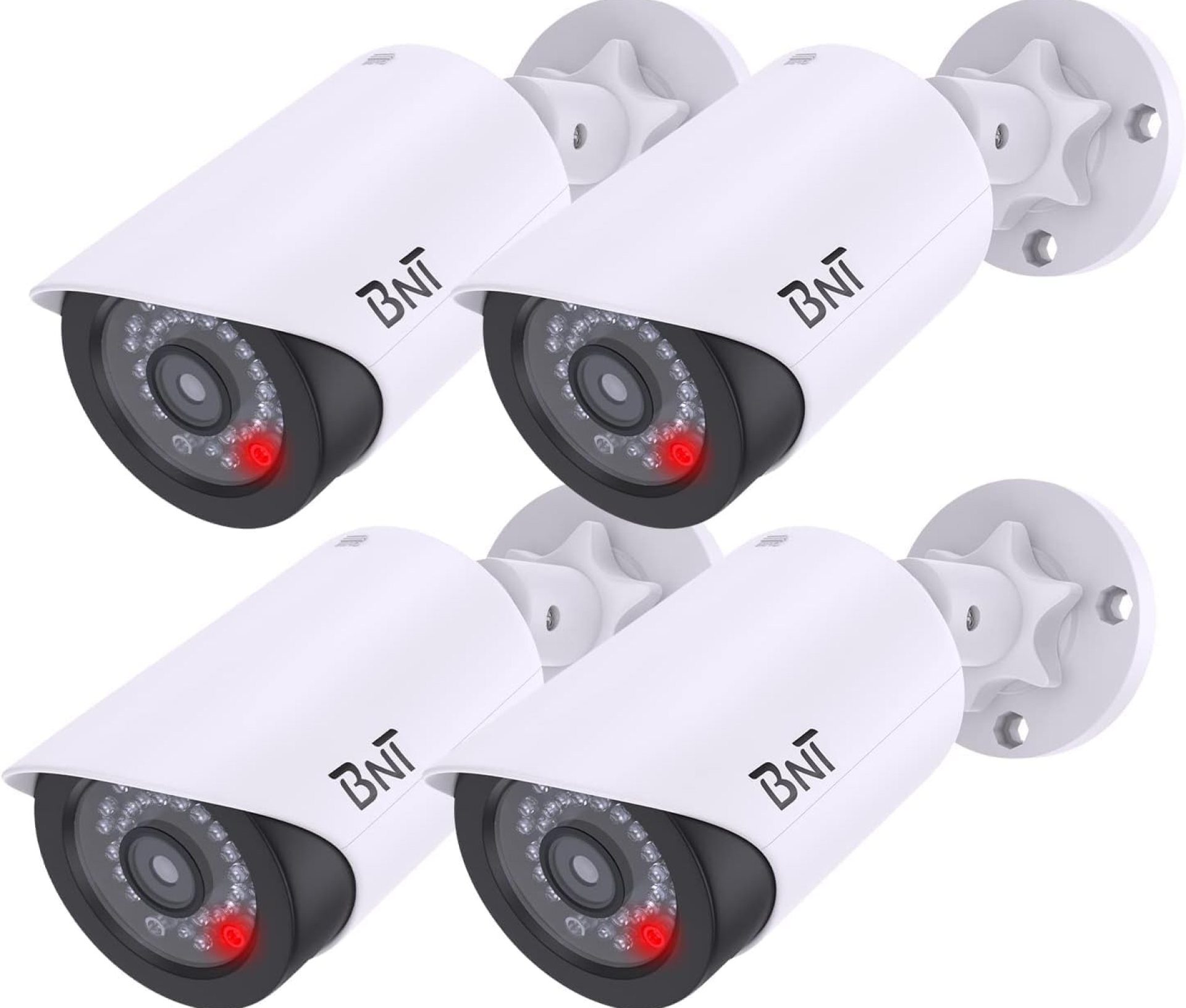 BNT Dummy Fake Security Camera, with One Red LED Light at Night, for Home and Businesses Security Indoor/Outdoor (4 Pack, White) BNT Dummy Fake Security Camera, with One Red LED Light at Night, for Home and Businesses Security Indoor/Outdoor (4 Pack, White)
