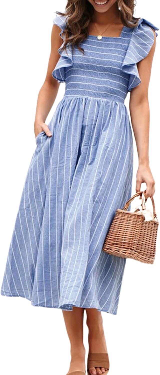 Miessial Womens Casual Summer Midi Dress Short Sleeve Smocked Linen Dresses 2025 Boho Beach Wedding Guest Dress with Pockets Miessial Womens Casual Summer Midi Dress Short Sleeve Smocked Linen Dresses 2025 Boho Beach Wedding Guest Dress with Pockets