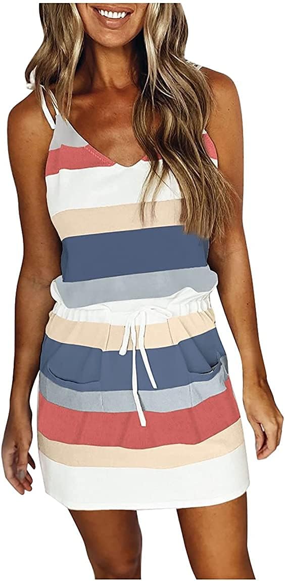 Women Summer Casual Striped Dress Sleeveless Halter Strap Flowy Boho Dress with Pockets Women Summer Casual Striped Dress Sleeveless Halter Strap Flowy Boho Dress with Pockets