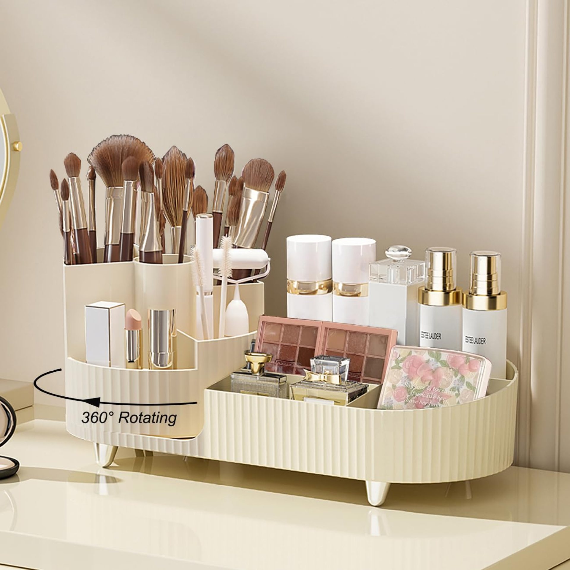 Makeup Organizer Countertop Rotating Makeup Organizer for Vanity Large Capacity Cosmetic Display Case with Makeup Brush Holder Cosmetic Organizer Countertop(Cream) Makeup Organizer Countertop Rotating Makeup Organizer for Vanity Large Capacity Cosmetic Display Case with Makeup Brush Holder Cosmetic Organizer Countertop(Cream)