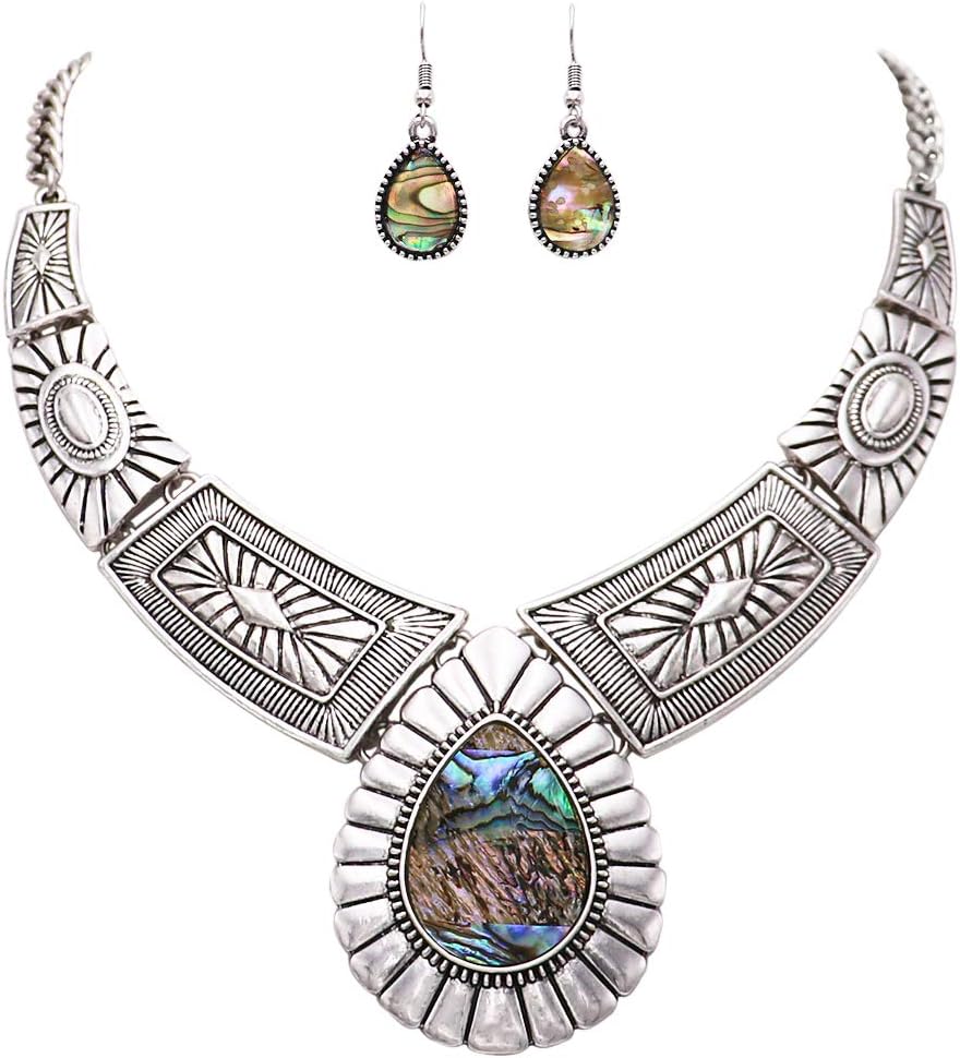 Rosemarie Collections Women’s Chic Western Teardrop Howlite Stone Statement Necklace Earrings Set, 16″+3″ Extender Rosemarie Collections Women’s Chic Western Teardrop Howlite Stone Statement Necklace Earrings Set, 16″+3″ Extender