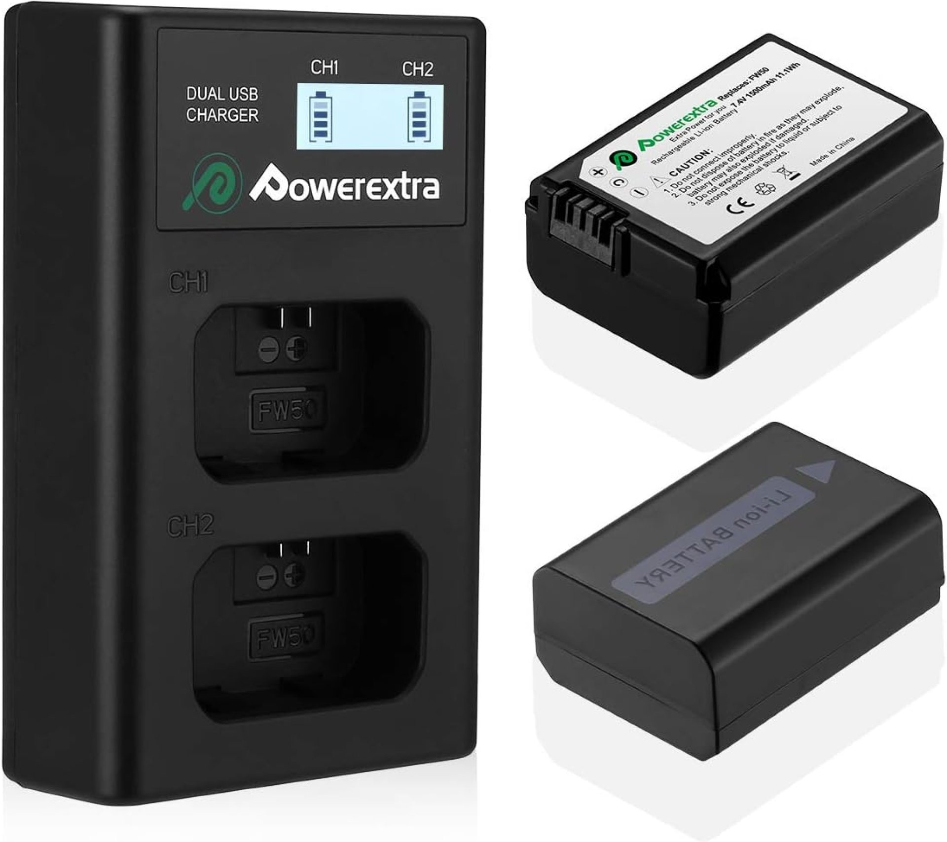 Powerextra 2 Pack Replacement NP-FW50 Battery & Smart LCD Display Dual Channel Charger for Sony Alpha a6500, a6300, a6000, a7, a7s, a5100, a5000, a7r, a7 ii Cameras Powerextra 2 Pack Replacement NP-FW50 Battery & Smart LCD Display Dual Channel Charger for Sony Alpha a6500, a6300, a6000, a7, a7s, a5100, a5000, a7r, a7 ii Cameras