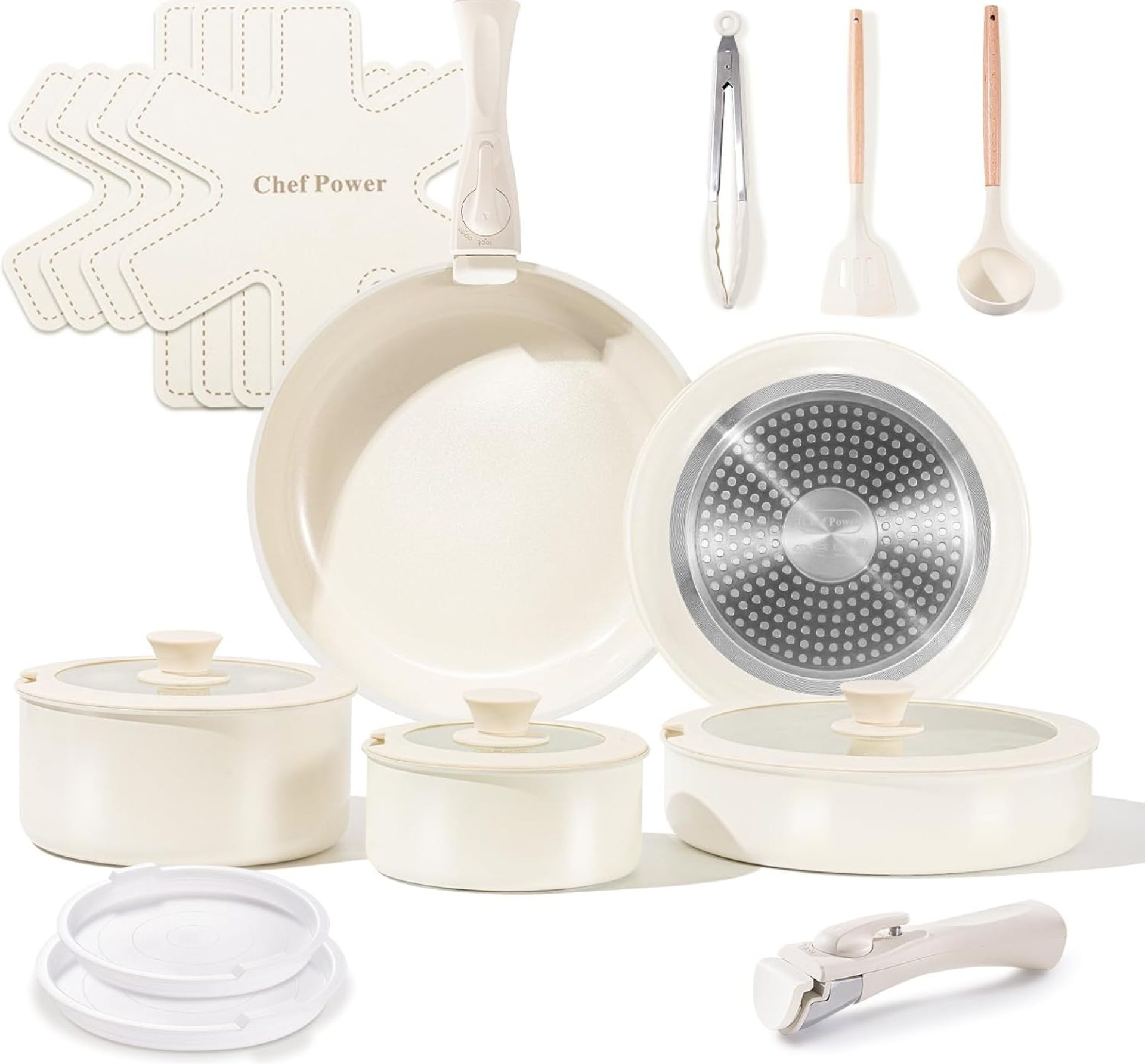 Chef Power Ceramic Cookware Set Non Toxic with Detachable Handles, Healthy Nonstick Pans and Pots Set 19 Pcs, Induction Dishwasher Oven Safe Kitchen Set, PFAS PFOA & PTFE Free, Cream White Chef Power Ceramic Cookware Set Non Toxic with Detachable Handles, Healthy Nonstick Pans and Pots Set 19 Pcs, Induction Dishwasher Oven Safe Kitchen Set, PFAS PFOA & PTFE Free, Cream White
