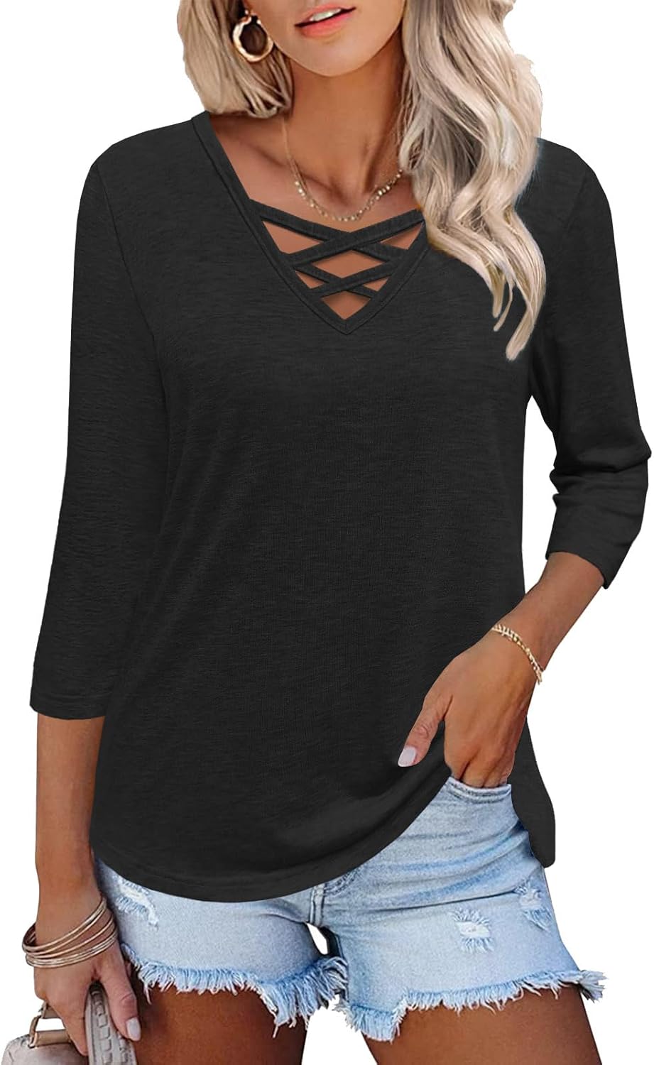 Heymiss Womens Tops 3/4 Sleeve V Neck Shirts Loose Casual Tunic Blouses Criss Cross Summer Tshirts Heymiss Womens Tops 3/4 Sleeve V Neck Shirts Loose Casual Tunic Blouses Criss Cross Summer Tshirts