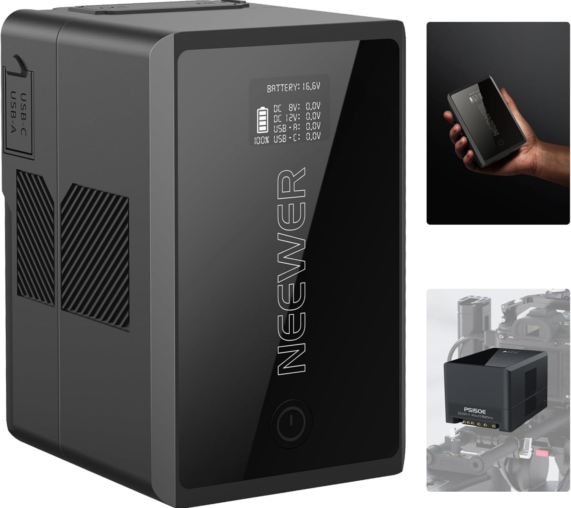 Neewer V Mount Battery PS150E Supports 100W PD USB C Fast Charging, 10350mAh 150Wh 14.54V, with D Tap/USB C/USB A/BP/Dual DC Ports/OLED Screen, V Lock Battery for Camera Camcorder Monitor Video Light Neewer V Mount Battery PS150E Supports 100W PD USB C Fast Charging, 10350mAh 150Wh 14.54V, with D Tap/USB C/USB A/BP/Dual DC Ports/OLED Screen, V Lock Battery for Camera Camcorder Monitor Video Light