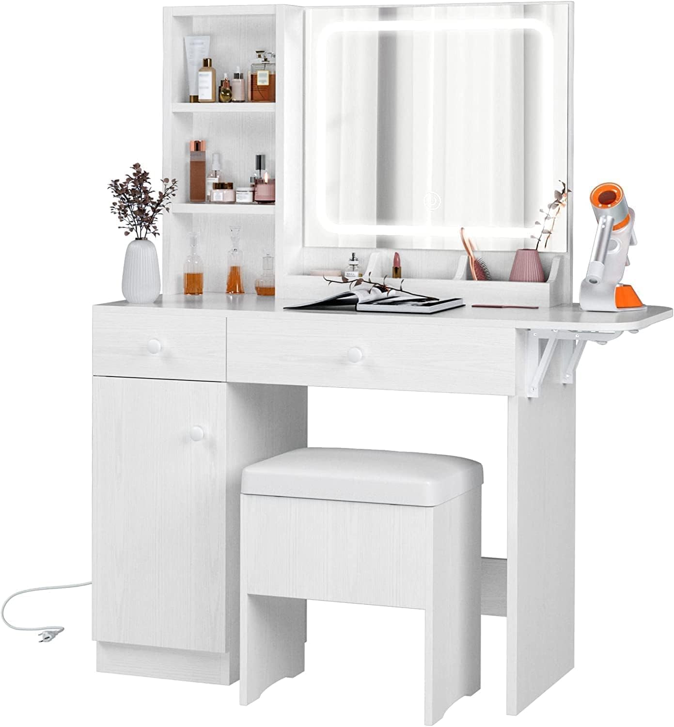 IRONCK Vanity Desk with LED Lighted Mirror & Power Outlet, Makeup Table with Drawers & Cabinet,Storage Stool,Dressing Table for Bedroom, White IRONCK Vanity Desk with LED Lighted Mirror & Power Outlet, Makeup Table with Drawers & Cabinet,Storage Stool,Dressing Table for Bedroom, White