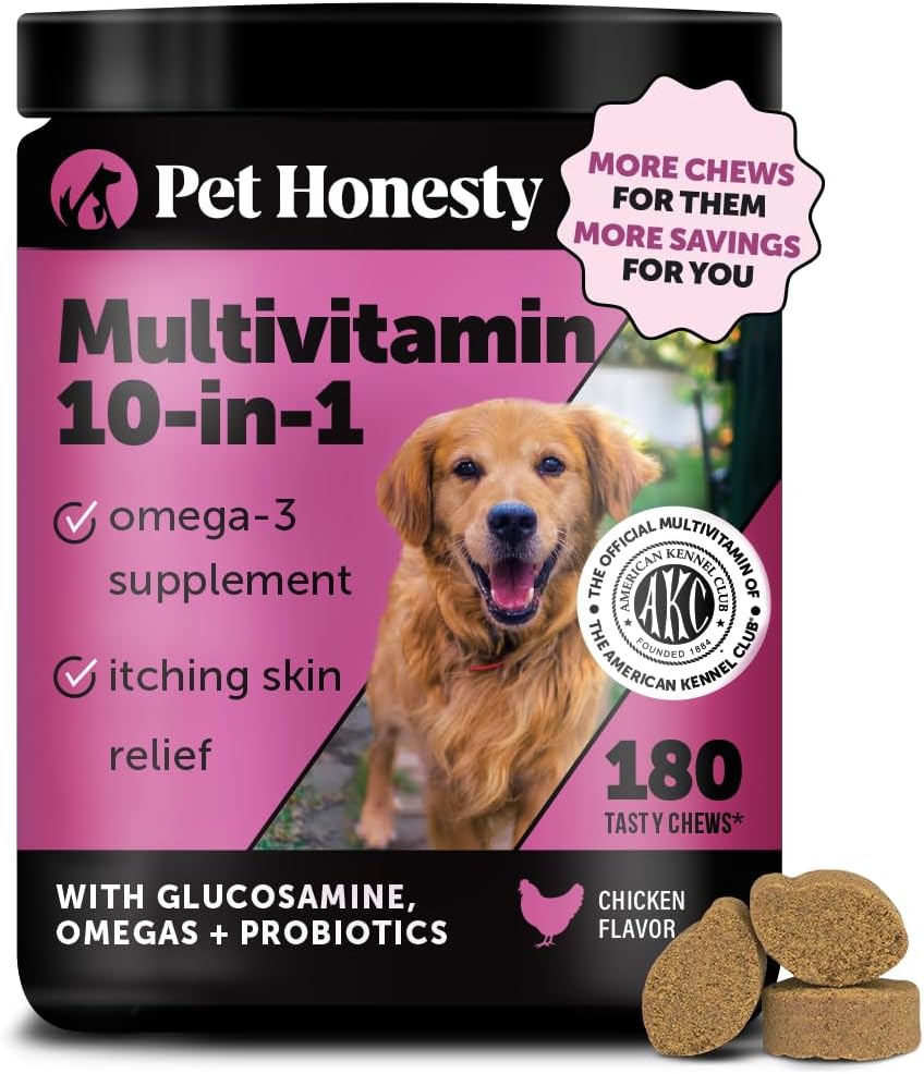Pet Honesty Dog Multivitamin – 10 in 1 Dog Vitamins for Health & Heart – Omega Fish Oil, Glucosamine & Probiotics – Dog Vitamins and Supplements for Skin and Coat (Chicken 180 ct) Pet Honesty Dog Multivitamin – 10 in 1 Dog Vitamins for Health & Heart – Omega Fish Oil, Glucosamine & Probiotics – Dog Vitamins and Supplements for Skin and Coat (Chicken 180 ct)