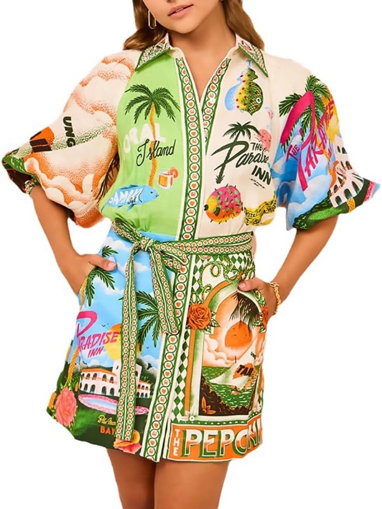Women’s Printed Button Down Shirt Dress with Pockets Casual 3/4 Sleeve Boho Short Tunics Dresses with Belt Women’s Printed Button Down Shirt Dress with Pockets Casual 3/4 Sleeve Boho Short Tunics Dresses with Belt