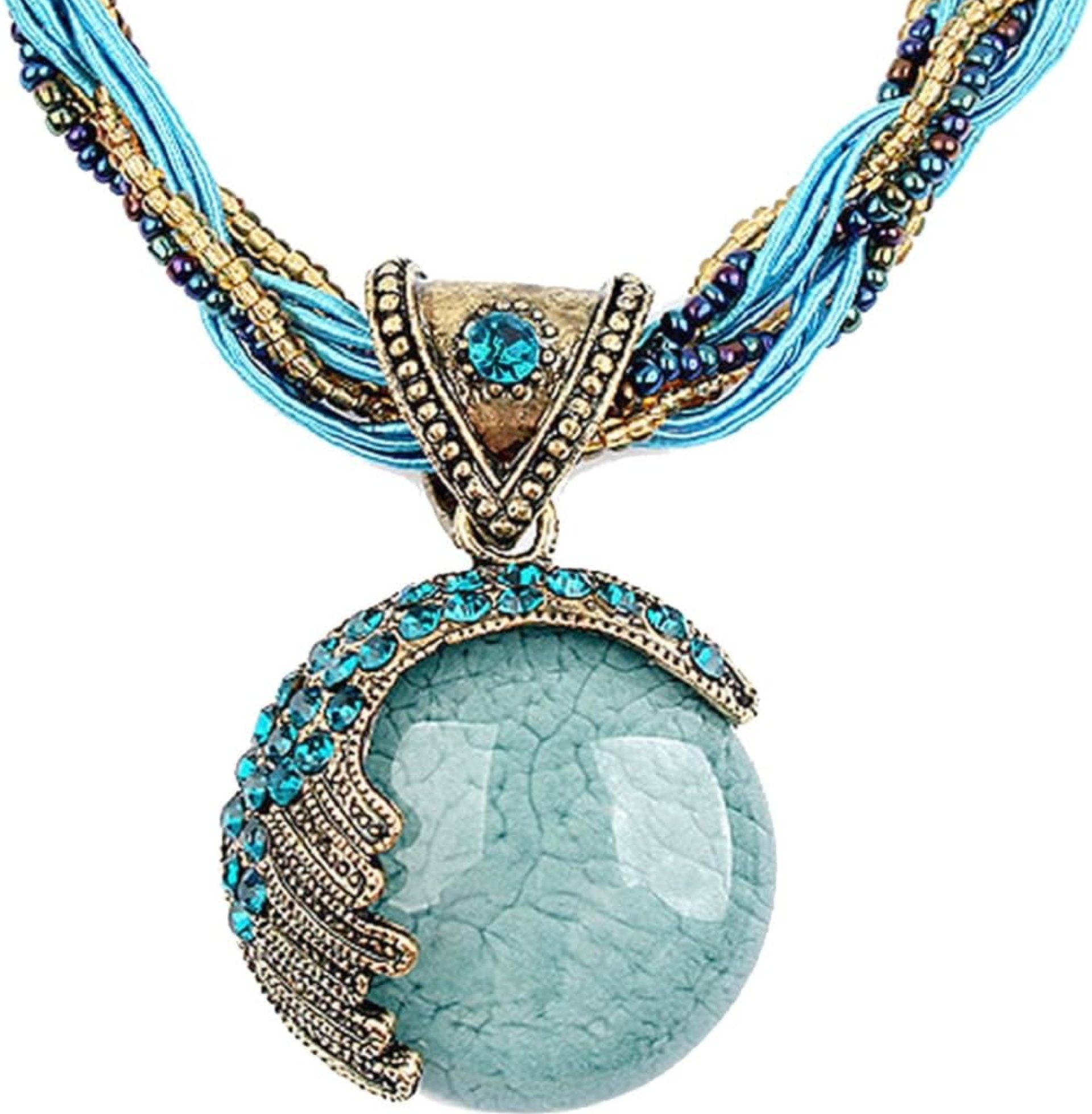Harlorki Women Lady Handmade Retro Vintage Bohemian Style Twist Woven Rope Chain Turquoise Rhinestone Pendant Collar Necklace Fashion Jewelry Harlorki Women Lady Handmade Retro Vintage Bohemian Style Twist Woven Rope Chain Turquoise Rhinestone Pendant Collar Necklace Fashion Jewelry