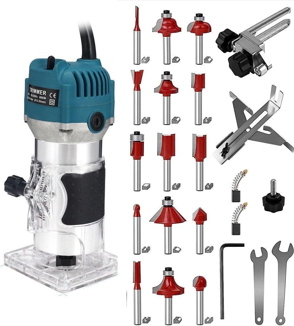 110V Router Tool, 800W Wood Trim Router, 30000RPM Electric Hand Trimmer, Palm Router with 15x 1/4” Router Bits & 2x Trim Guides for Woodworking Tools, Adjustable Base Height w/Scale 110V Router Tool, 800W Wood Trim Router, 30000RPM Electric Hand Trimmer, Palm Router with 15x 1/4” Router Bits & 2x Trim Guides for Woodworking Tools, Adjustable Base Height w/Scale