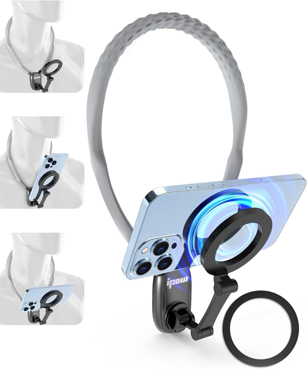 IPOW Magnetic Neck Mount for Phones, Neck Cell Phone Holder POV/Vlog Selfie Mount Hand Free Phone Neck Holder Chest Stand Strap Video Recording for iPhone 16 15 14 13 12 Seires (Grey) IPOW Magnetic Neck Mount for Phones, Neck Cell Phone Holder POV/Vlog Selfie Mount Hand Free Phone Neck Holder Chest Stand Strap Video Recording for iPhone 16 15 14 13 12 Seires (Grey)