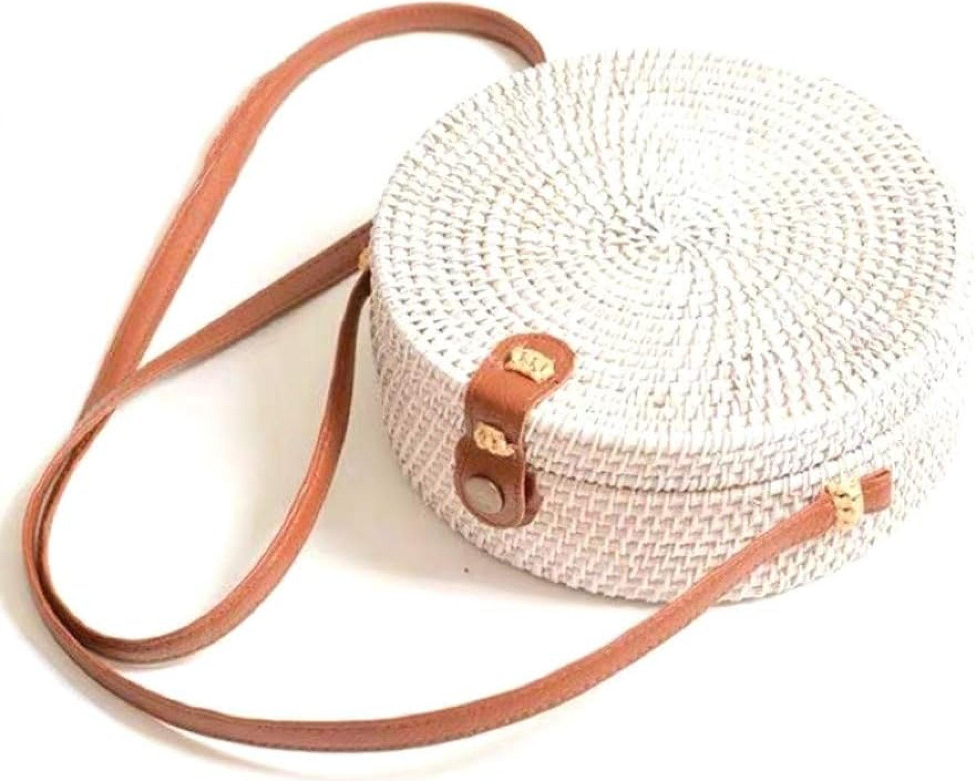 Handwoven Round Rattan Straw Bag for Women Shoulder Leather Button Straps Natural Chic Handmade Boho Bag Bali Purse Handwoven Round Rattan Straw Bag for Women Shoulder Leather Button Straps Natural Chic Handmade Boho Bag Bali Purse