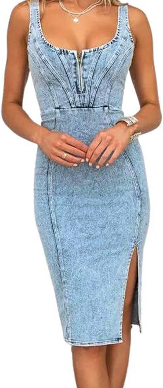 utcoco Denim Dress for Women Sleeveless Side Slit Bodycon Midi Jean Dresses for Women 2025 utcoco Denim Dress for Women Sleeveless Side Slit Bodycon Midi Jean Dresses for Women 2025