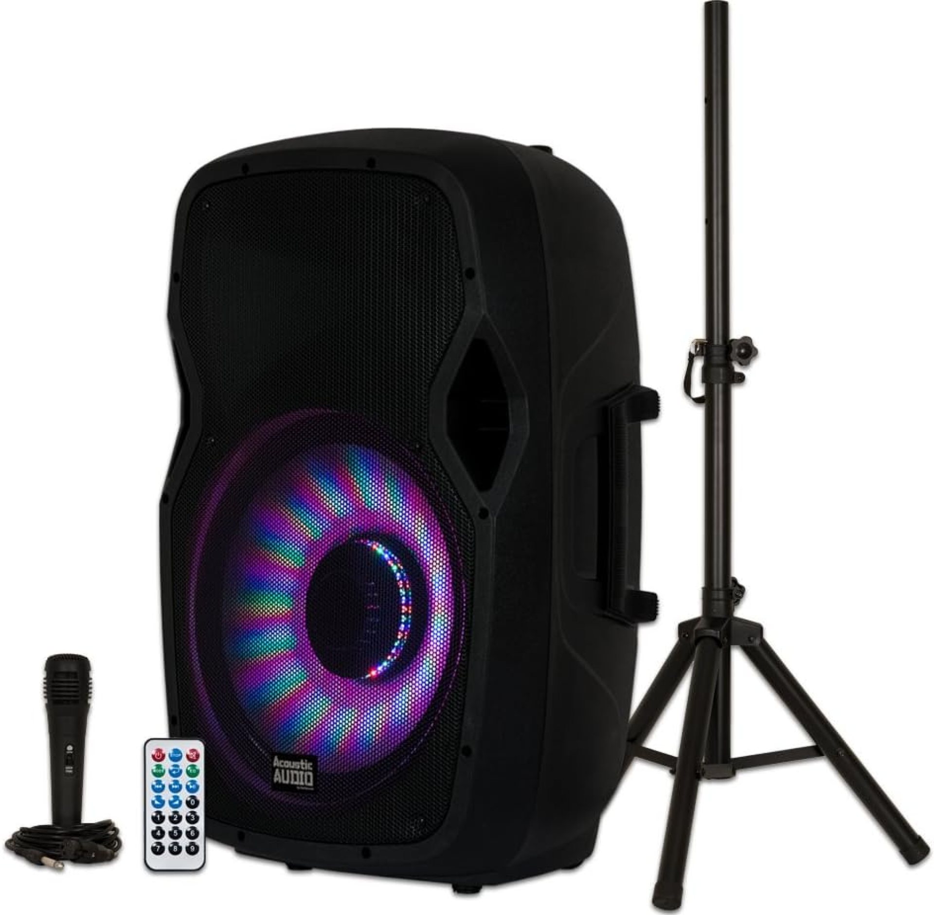 Acoustic Audio by Goldwood 15″ 1000W Bluetooth Speaker Set w/ LED, Mic, Stand, & Remote Acoustic Audio by Goldwood 15″ 1000W Bluetooth Speaker Set w/ LED, Mic, Stand, & Remote