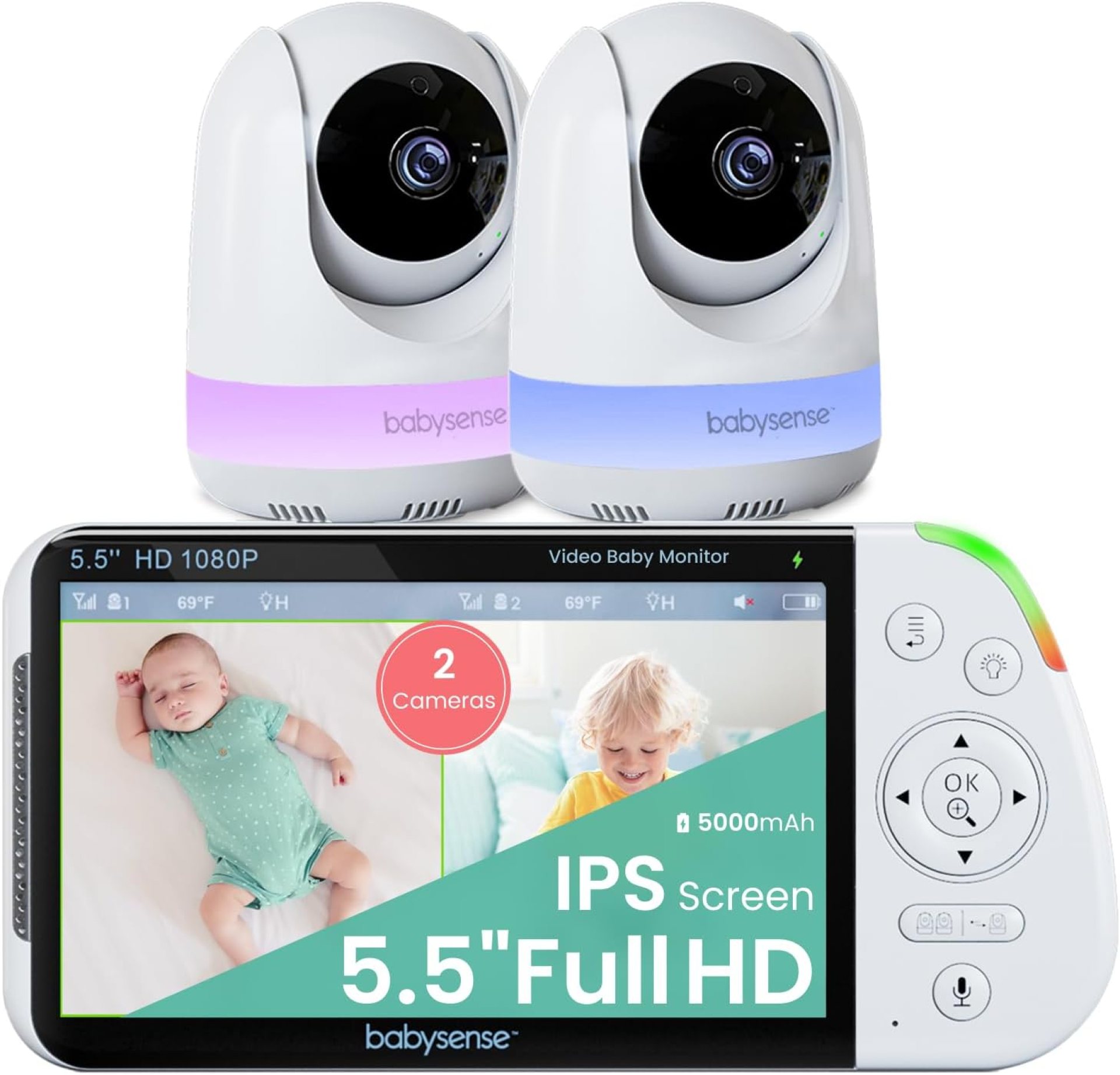 Babysense 5.5” 1080p Full HD Split-Screen Baby Monitor, Video Baby Monitor with 2 Cameras and Audio, 6-Color RGB Night Light, 1000ft Range, Two-Way Audio, 4X Zoom, 5000mAh Battery Babysense 5.5” 1080p Full HD Split-Screen Baby Monitor, Video Baby Monitor with 2 Cameras and Audio, 6-Color RGB Night Light, 1000ft Range, Two-Way Audio, 4X Zoom, 5000mAh Battery