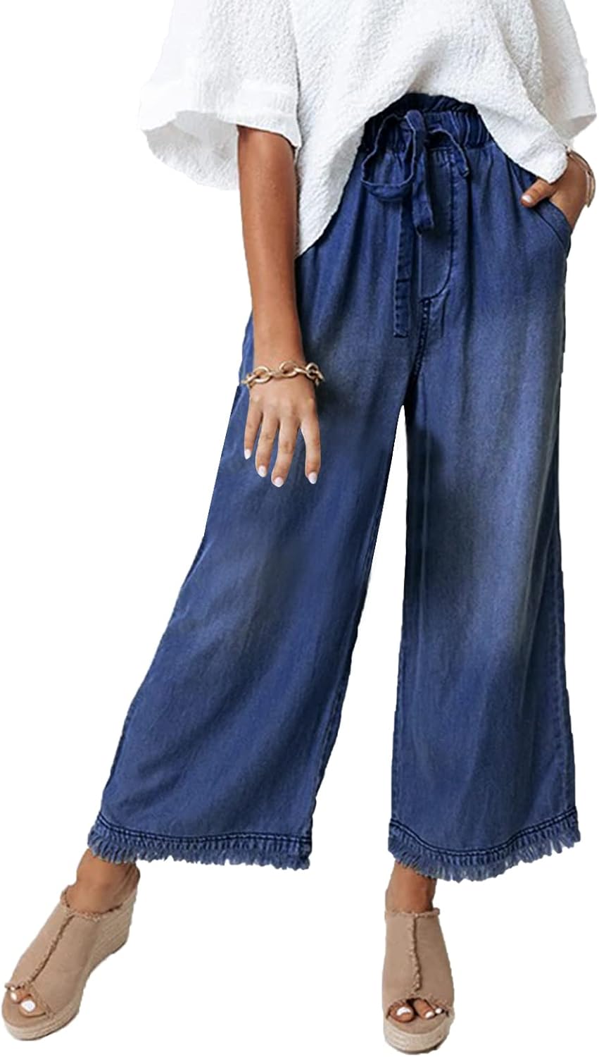 Valphsio Women’s Baggy Wide Leg Jeans Tie Waist Chambray Culottes Tassel Pants Crop Length Valphsio Women’s Baggy Wide Leg Jeans Tie Waist Chambray Culottes Tassel Pants Crop Length