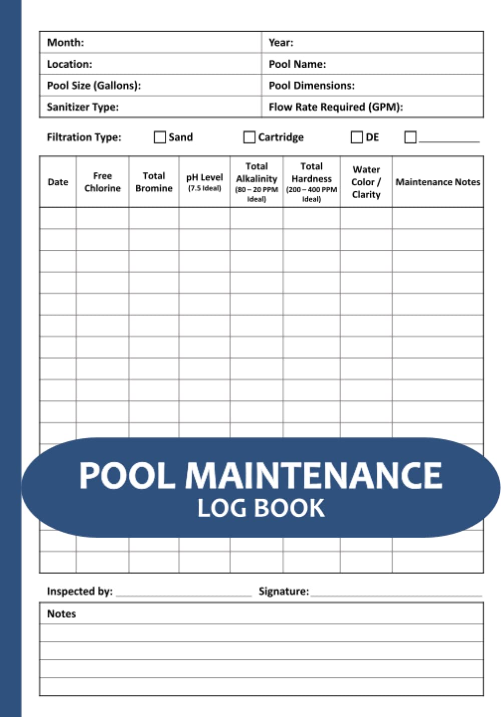 Pool Maintenance Log Book: Swimming Pool Maintenance and Cleaning Logbook, Track Pool Maintenance | Pool Care Service Checklist Record Book for Home, Small Business, Hotel Pools – Blue Pool Maintenance Log Book: Swimming Pool Maintenance and Cleaning Logbook, Track Pool Maintenance | Pool Care Service Checklist Record Book for Home, Small Business, Hotel Pools – Blue