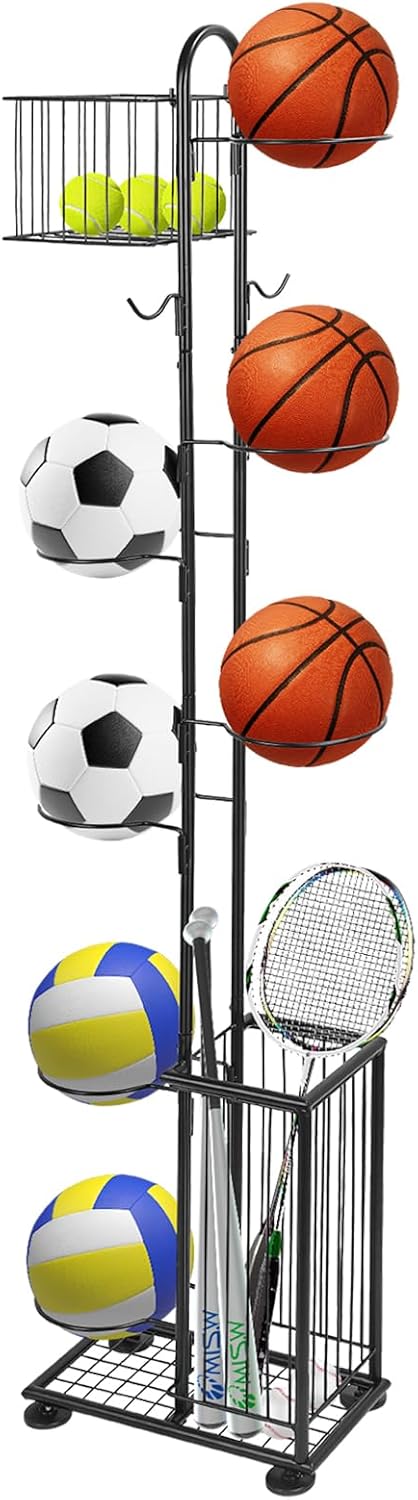 7 Tier Ball Storage, Garage Sports Equipment Organizer with Basket&Hooks, Ball Holder Ball Rack for Basketballs Footballs Volleyball , Indoor/Outdoor Ball Storage Rack, Easy to Assemble, Black, Steel 7 Tier Ball Storage, Garage Sports Equipment Organizer with Basket&Hooks, Ball Holder Ball Rack for Basketballs Footballs Volleyball , Indoor/Outdoor Ball Storage Rack, Easy to Assemble, Black, Steel
