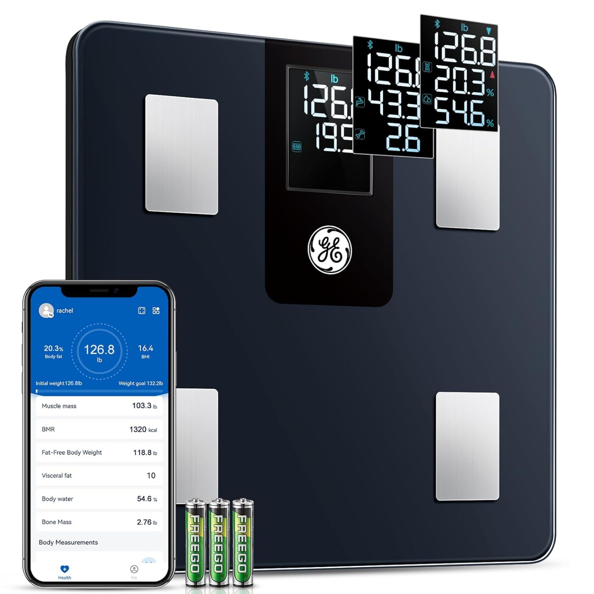 GE Smart Scale for Body Weight and Fat Percentage with All-in-one LCD Display, Digital Bathroom Weight Scales Bluetooth Body Composition Analyzer with App, Accurate Weighing, 400 lbs / 180 kg GE Smart Scale for Body Weight and Fat Percentage with All-in-one LCD Display, Digital Bathroom Weight Scales Bluetooth Body Composition Analyzer with App, Accurate Weighing, 400 lbs / 180 kg