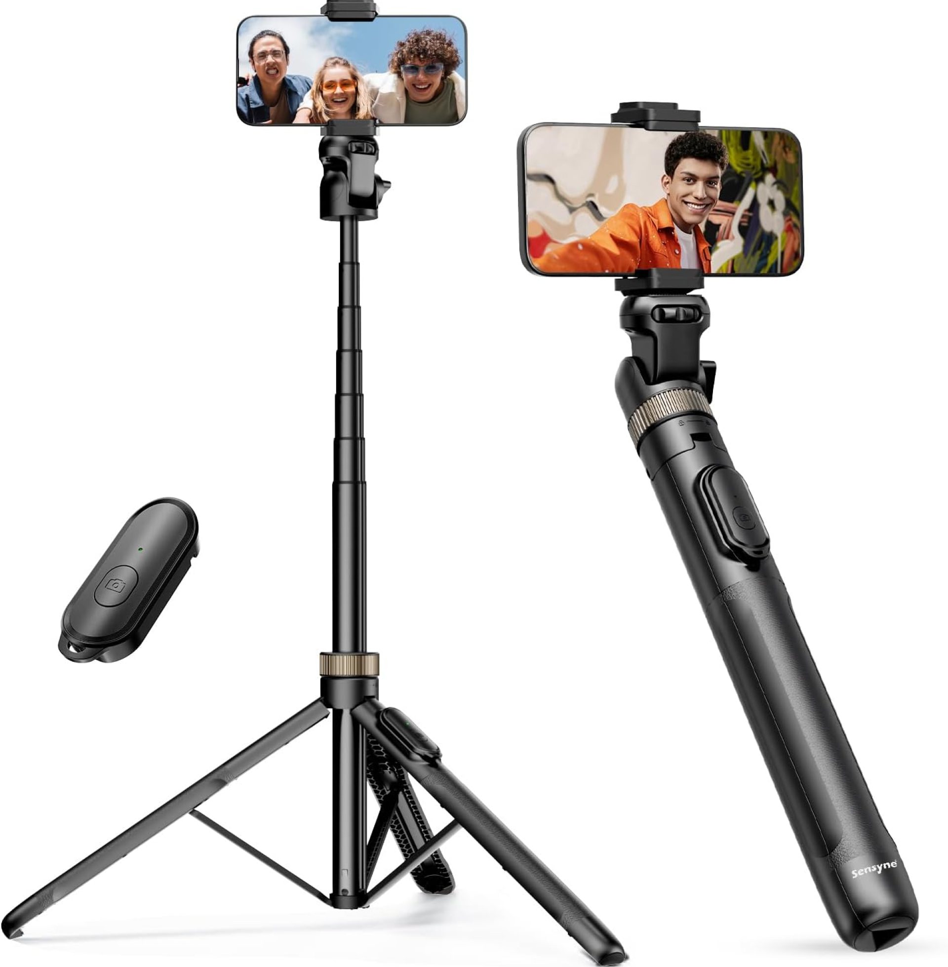 Sensyne 72″ Extendable Tripod for iPhone & Selfie Stick with Detachable Phone Holder & Wireless Remote, Compatible with All Cell Phones, Black Sensyne 72″ Extendable Tripod for iPhone & Selfie Stick with Detachable Phone Holder & Wireless Remote, Compatible with All Cell Phones, Black