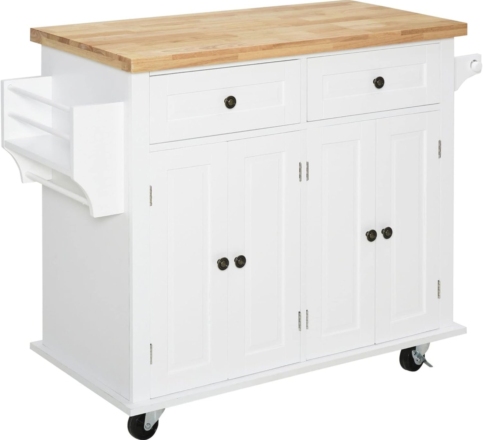 HOMCOM Kitchen Island on Wheels, Rolling Cart with Rubberwood Top, Spice Rack, Towel Rack and Drawers for Dining Room, White HOMCOM Kitchen Island on Wheels, Rolling Cart with Rubberwood Top, Spice Rack, Towel Rack and Drawers for Dining Room, White