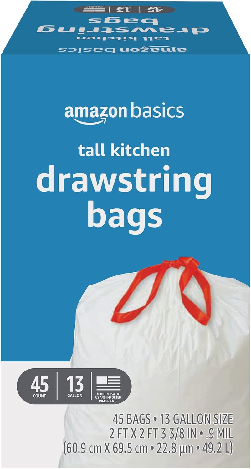 Amazon Basics Trash Bags, Tall Kitchen Drawstring, Unscented, 13 Gallon, 45 Count, Pack of 1 Amazon Basics Trash Bags, Tall Kitchen Drawstring, Unscented, 13 Gallon, 45 Count, Pack of 1
