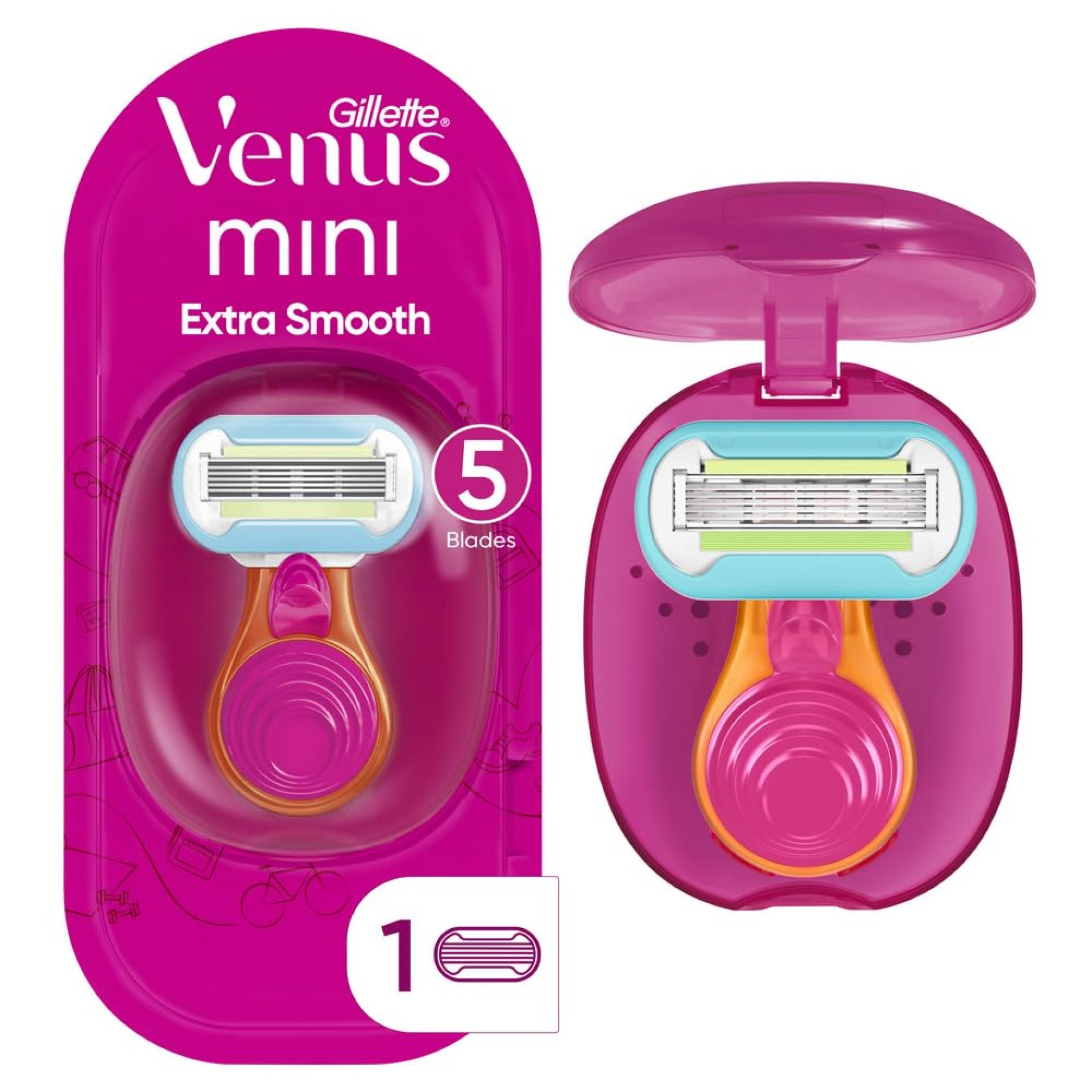 Gillette Venus Extra Smooth On The Go Women’s Razor, Convenient and Compact, Mini Handle, Travel Razor Kit, 5 Bladed Razor Handle + 1 Blade Refill + 1 Travel Case Gillette Venus Extra Smooth On The Go Women’s Razor, Convenient and Compact, Mini Handle, Travel Razor Kit, 5 Bladed Razor Handle + 1 Blade Refill + 1 Travel Case