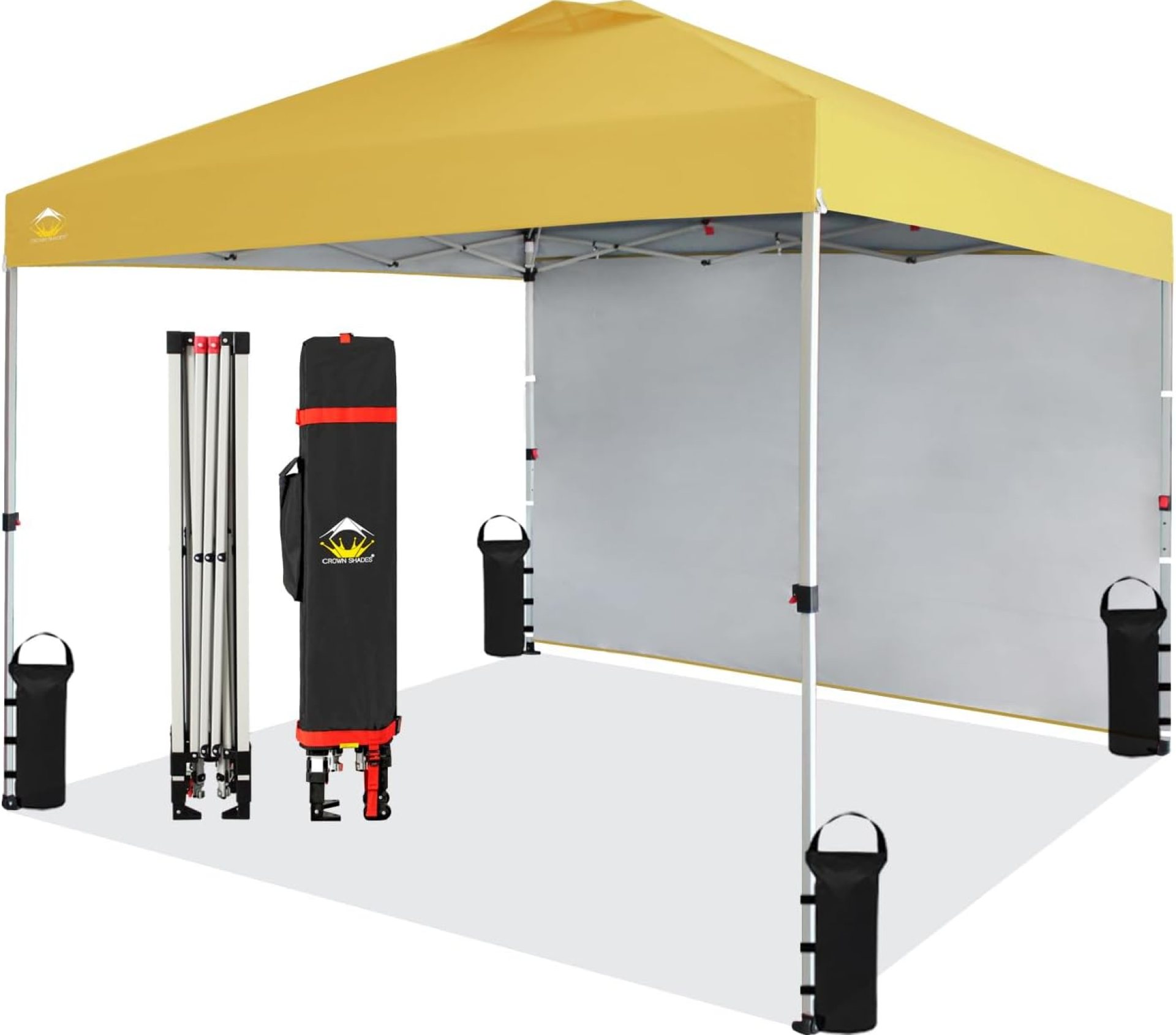 CROWN SHADES 10×10 Pop Up Canopy with 1 Side Wall – Beach Tent with One Push Setup – Outdoor Sun Shade for Events, Parties, Camping – Gazebo with STO-N-Go Cover Bag (Yellow) CROWN SHADES 10×10 Pop Up Canopy with 1 Side Wall – Beach Tent with One Push Setup – Outdoor Sun Shade for Events, Parties, Camping – Gazebo with STO-N-Go Cover Bag (Yellow)