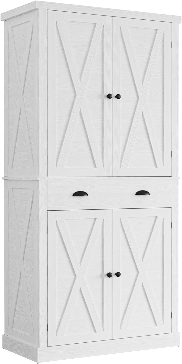 IRONCK Kitchen Pantry Storage Cabinet 72.6″ H, with Barn Doors, Drawer, 4 Adjustable Shelves, Freestanding Cupboard for Dining Room Living Room, Laundry, White IRONCK Kitchen Pantry Storage Cabinet 72.6″ H, with Barn Doors, Drawer, 4 Adjustable Shelves, Freestanding Cupboard for Dining Room Living Room, Laundry, White