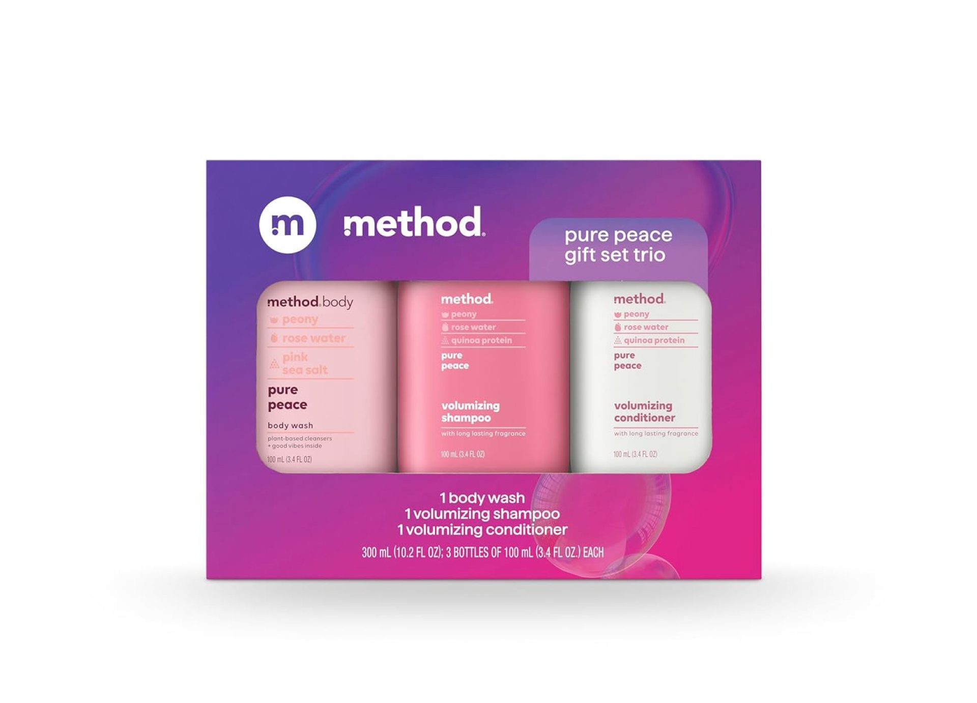 Method Body Wash and Hair Care Gift Set, Pure Peace, 3.4 oz Travel Size Bottles Method Body Wash and Hair Care Gift Set, Pure Peace, 3.4 oz Travel Size Bottles