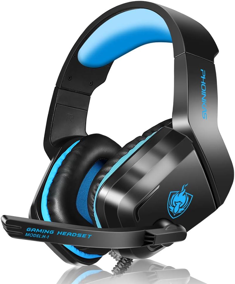 PHOINIKAS Gaming Headset, PS5 Headset for PS4, Xbox One, PC, Laptop, Switch, Over Ear Gaming Headphones Noise-Cancelling Mic, Bass Surround – Blue PHOINIKAS Gaming Headset, PS5 Headset for PS4, Xbox One, PC, Laptop, Switch, Over Ear Gaming Headphones Noise-Cancelling Mic, Bass Surround – Blue