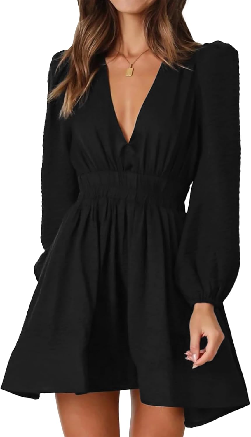 Mini Dress Deep V Sexy Dress Long Sleeve Dress for Women A-line High Waisted Casual Flowy Dress Mini Dress Deep V Sexy Dress Long Sleeve Dress for Women A-line High Waisted Casual Flowy Dress