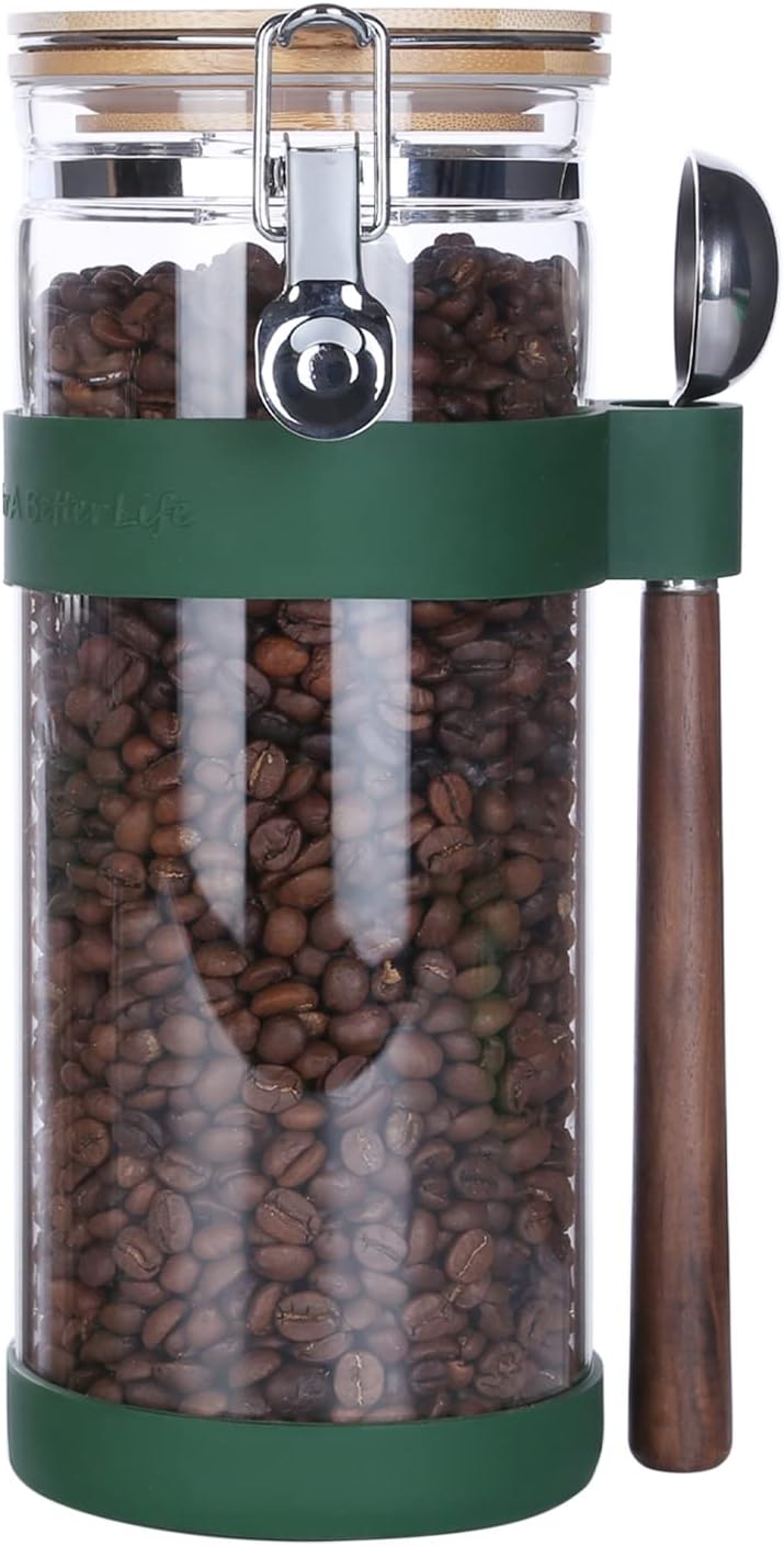 KKC Vacuum Sealed Coffee Bean Storage Container with Scoop,Airtight Glass Container Jar with Hinged Lid and Spoon for Ground Coffee,Loose Leaf Tea,Brown Sugar,Nut,Oatmeal,54 Fl oz KKC Vacuum Sealed Coffee Bean Storage Container with Scoop,Airtight Glass Container Jar with Hinged Lid and Spoon for Ground Coffee,Loose Leaf Tea,Brown Sugar,Nut,Oatmeal,54 Fl oz
