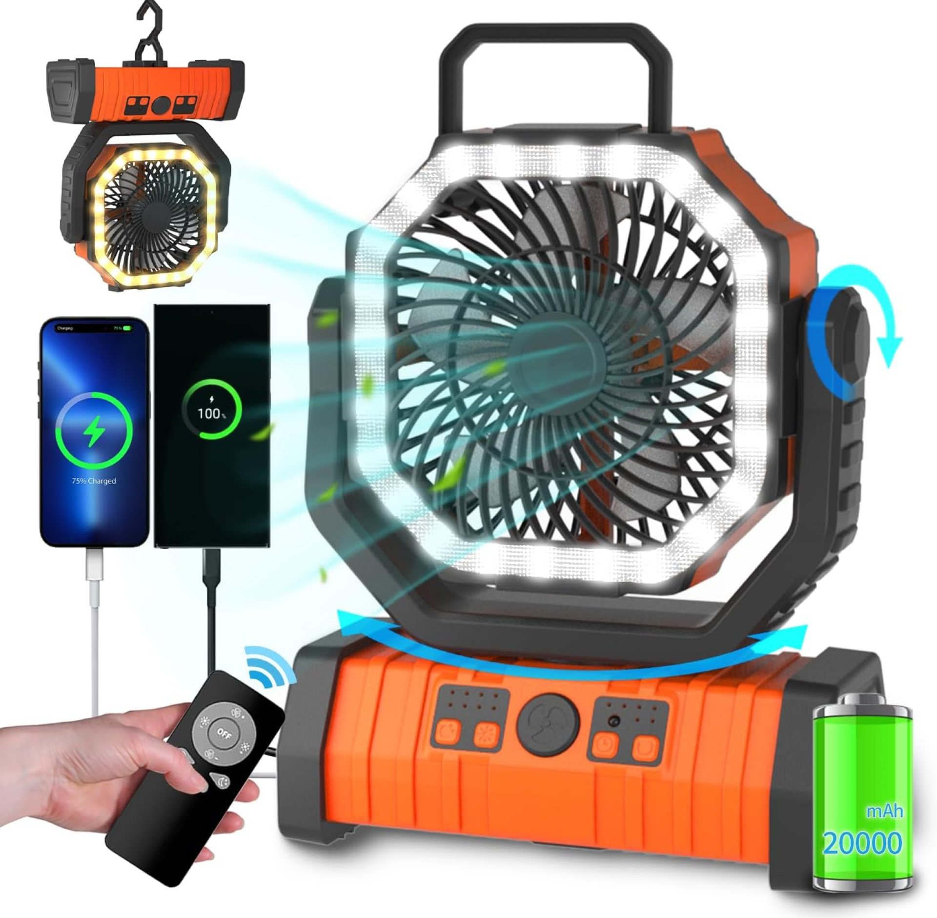 ADUST Camping Battery Operated Powered Fan with LED Lantern Light 20000mAh Rechargeable Portable Oscillating Fan with 360° Rotation Hanging Hook for Tents, Cordless USB Desk Fan(Orange) ADUST Camping Battery Operated Powered Fan with LED Lantern Light 20000mAh Rechargeable Portable Oscillating Fan with 360° Rotation Hanging Hook for Tents, Cordless USB Desk Fan(Orange)