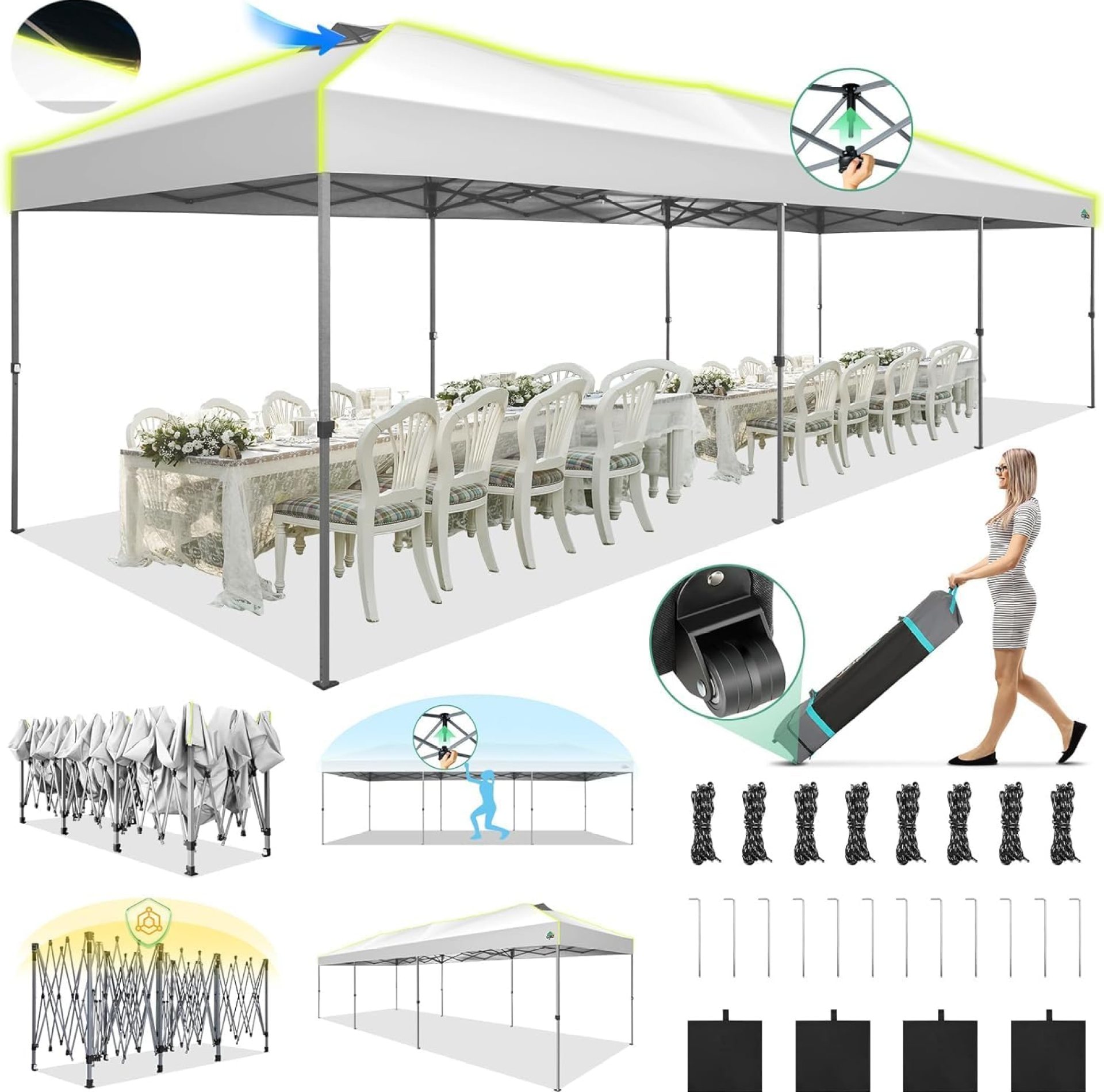 COBIZI 10×30 Pop Up Canopy, One Push Setup Glow Party Tent for Commercial, Wedding with 3 Adjustable Height, Outdoor Gazebo Waterproof UPF50+ with Wheeled Bag, Air Vent, Sandbag, Stake, Rope, White COBIZI 10×30 Pop Up Canopy, One Push Setup Glow Party Tent for Commercial, Wedding with 3 Adjustable Height, Outdoor Gazebo Waterproof UPF50+ with Wheeled Bag, Air Vent, Sandbag, Stake, Rope, White