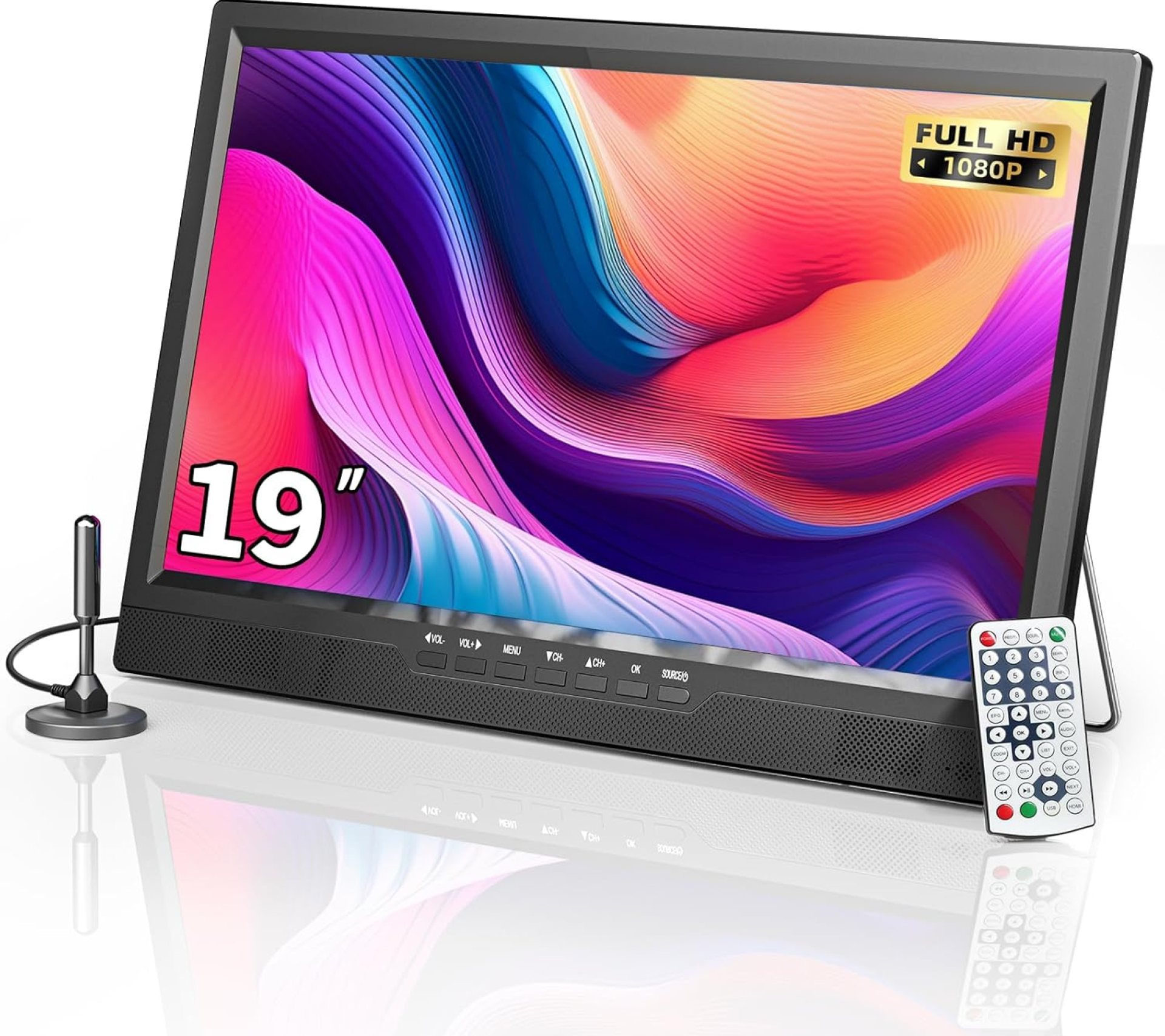 Desobry 19″ Portable TV with Antenna, Small TV with HD 1080P HDMI Input, AV Input, USB Port, 180° Adjustable Stand, Small Portable TV for Kitchen Bedroom Camping RV (No Battery No WiFi) Desobry 19″ Portable TV with Antenna, Small TV with HD 1080P HDMI Input, AV Input, USB Port, 180° Adjustable Stand, Small Portable TV for Kitchen Bedroom Camping RV (No Battery No WiFi)