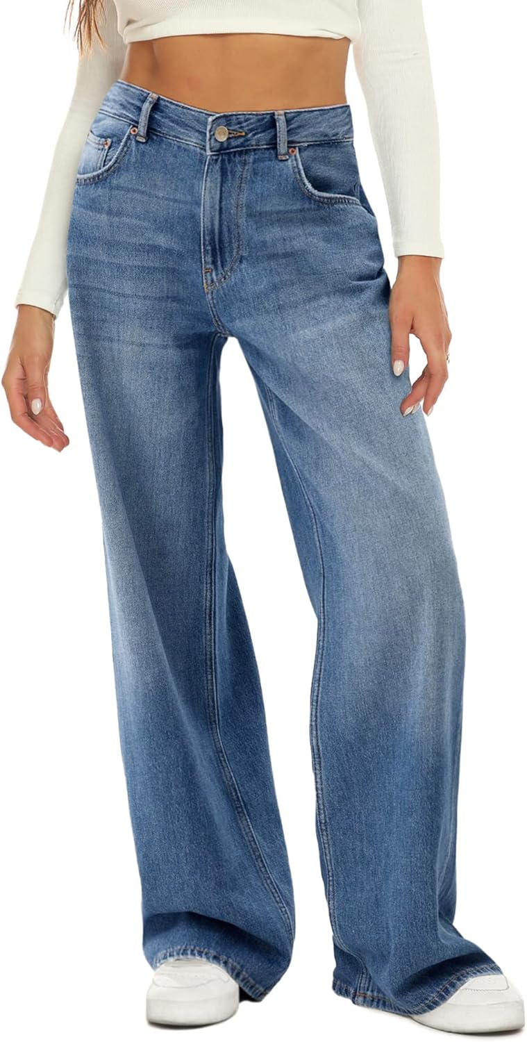HDLTE Women Wide Leg Jeans High Waist Baggy Jeans Loose Boyfriend Jeans Denim Pants Y2K HDLTE Women Wide Leg Jeans High Waist Baggy Jeans Loose Boyfriend Jeans Denim Pants Y2K