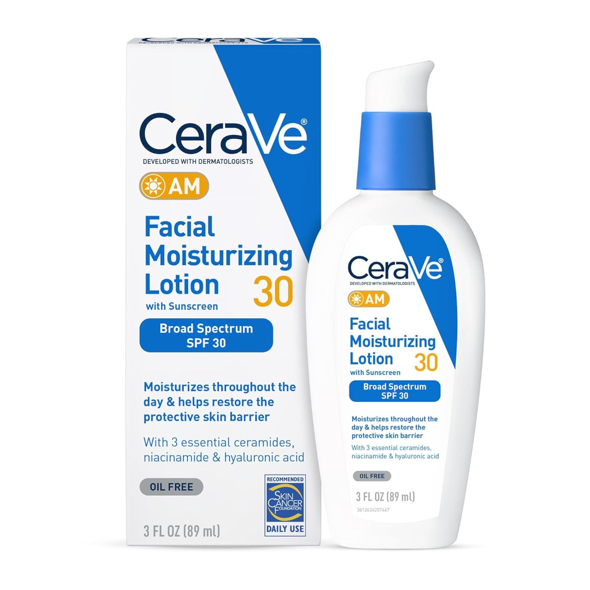 CeraVe AM Facial Moisturizing Lotion with SPF 30, Oil-Free Face Moisturizer with SPF, Formulated with Hyaluronic Acid, Niacinamide & Ceramides, Non-Comedogenic, Broad Spectrum Sunscreen, 3 Ounce CeraVe AM Facial Moisturizing Lotion with SPF 30, Oil-Free Face Moisturizer with SPF, Formulated with Hyaluronic Acid, Niacinamide & Ceramides, Non-Comedogenic, Broad Spectrum Sunscreen, 3 Ounce