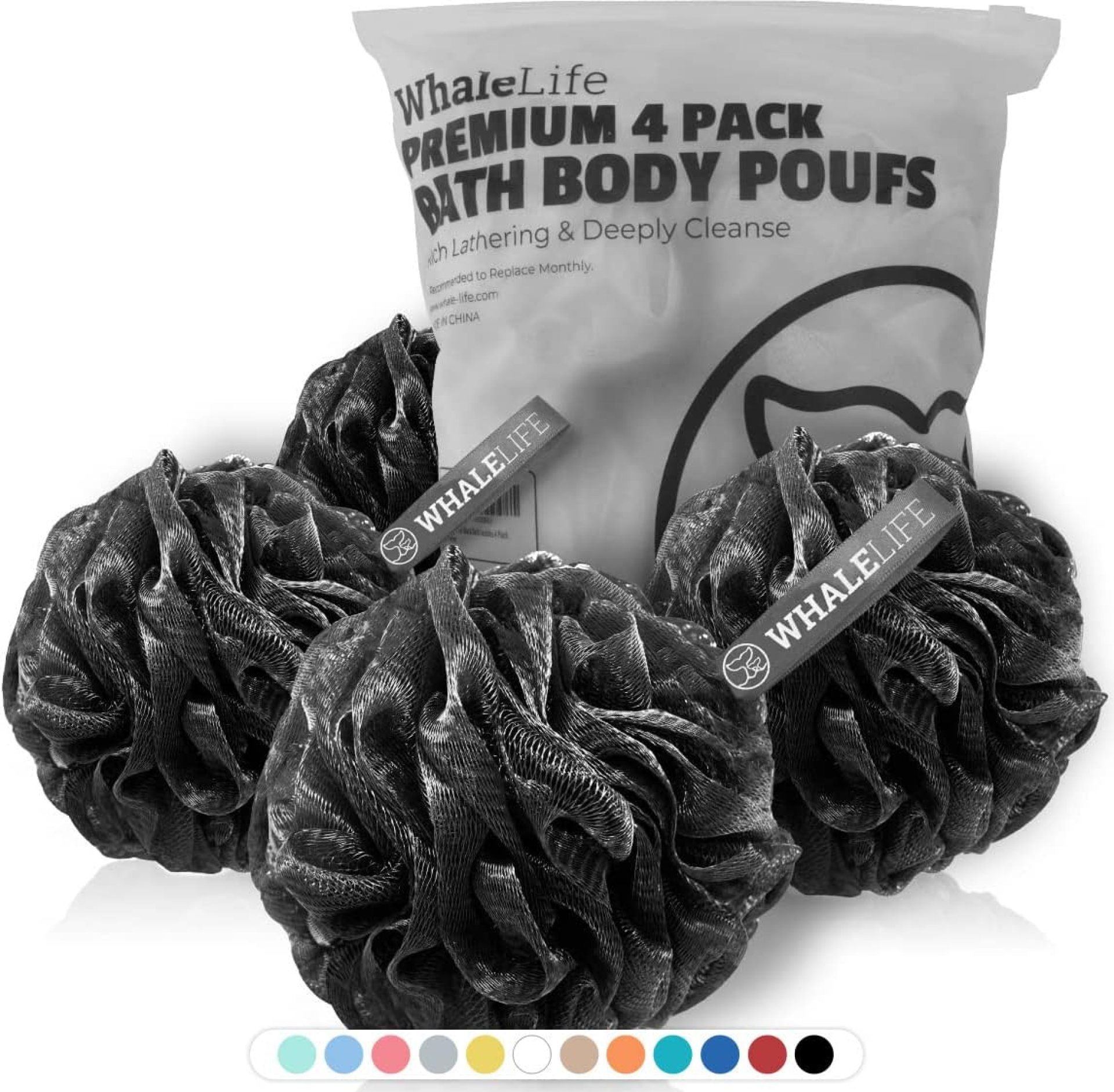 Shower Puff 4 Pack Black Bath Sponge Shower Loofahs Pouf Ball Nature Bamboo Charcoal Mesh Bulk Puffs Large, Shower Essential Skin Care by WhaleLife Shower Puff 4 Pack Black Bath Sponge Shower Loofahs Pouf Ball Nature Bamboo Charcoal Mesh Bulk Puffs Large, Shower Essential Skin Care by WhaleLife