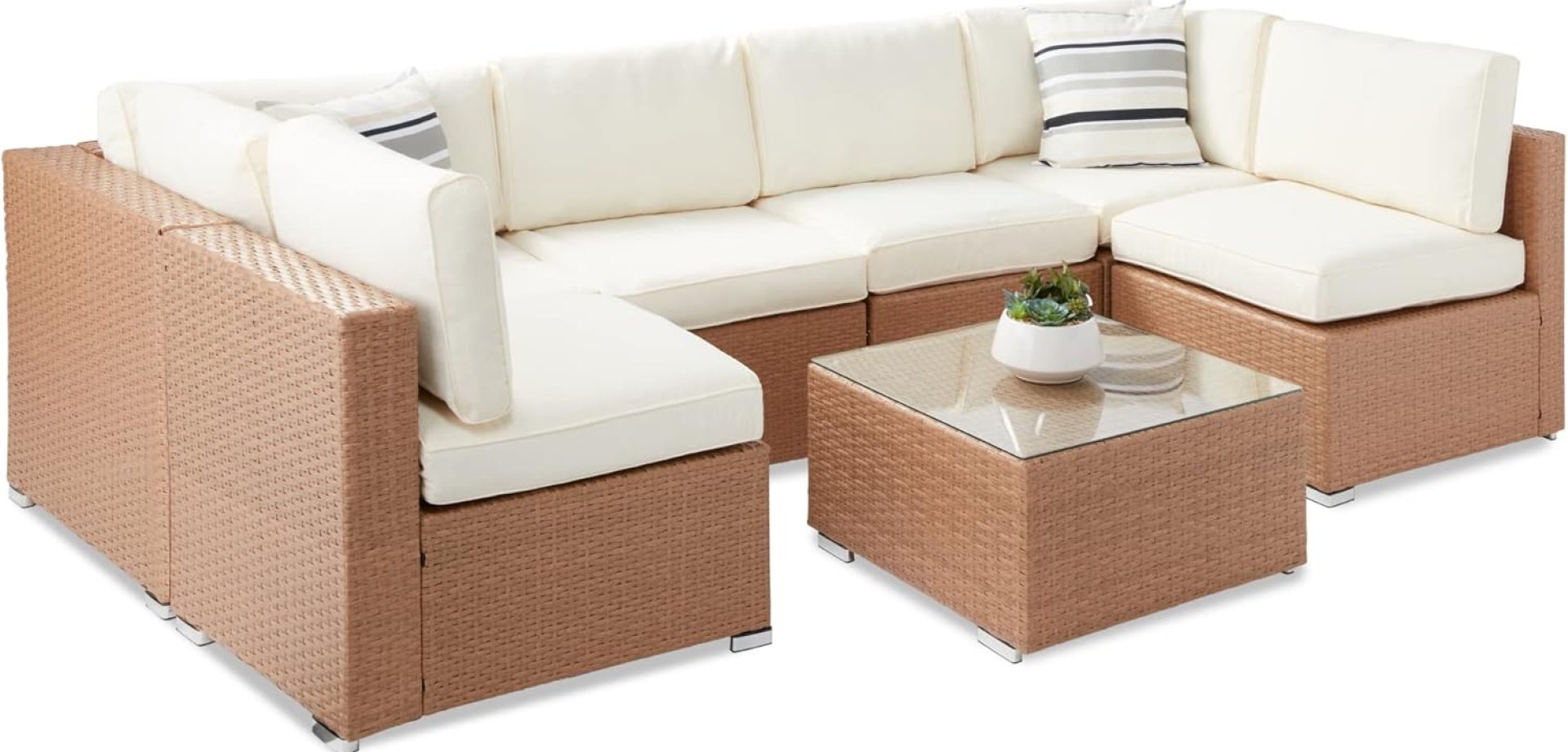 Best Choice Products 7-Piece Modular Outdoor Sectional Wicker Patio Conversation Set w/ 2 Pillows, Coffee Table, Cover Included – Natural/Ivory Best Choice Products 7-Piece Modular Outdoor Sectional Wicker Patio Conversation Set w/ 2 Pillows, Coffee Table, Cover Included – Natural/Ivory
