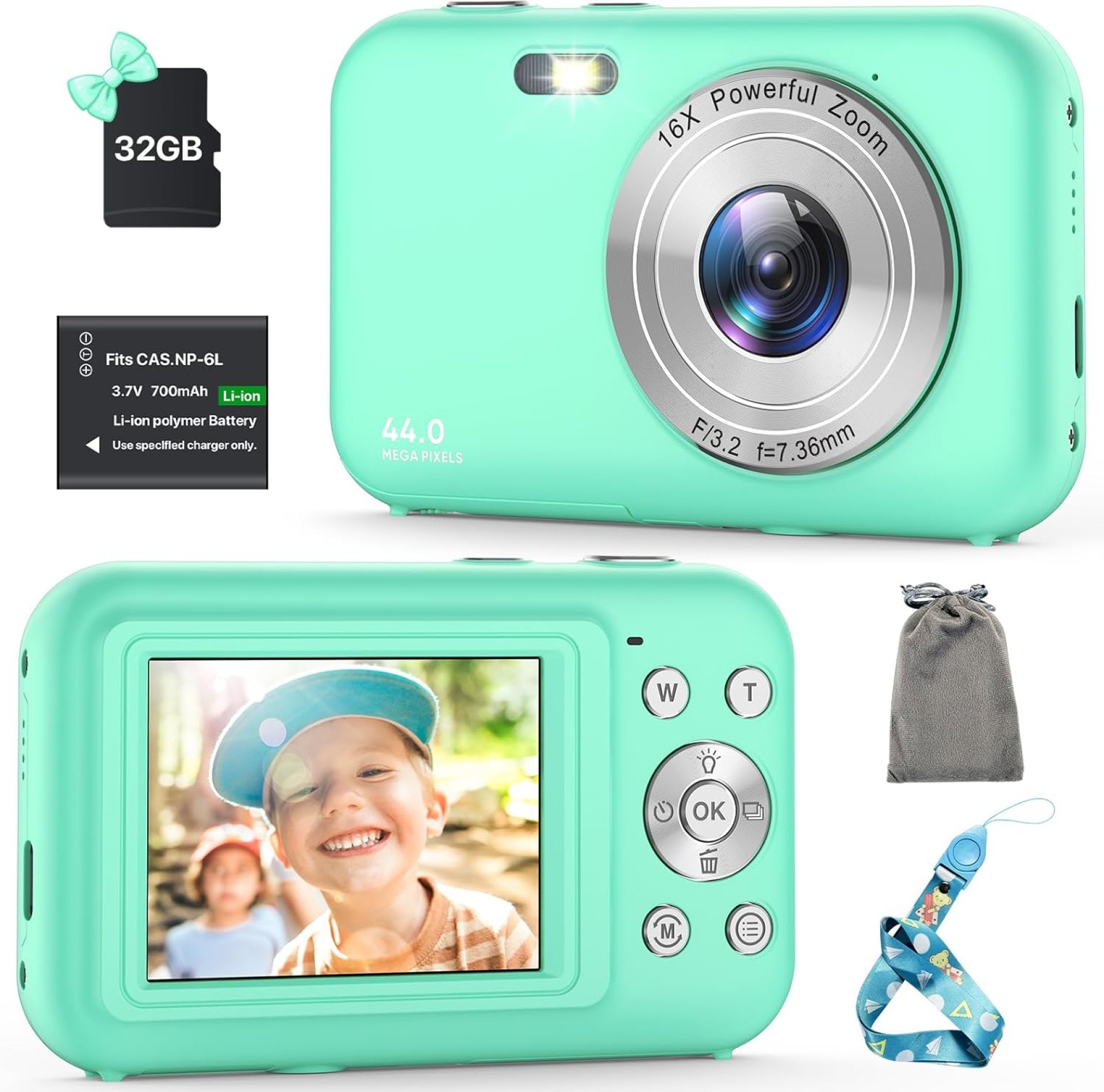 Digital Camera, Kids Camera with 32GB Card, FHD 1080P 44MP Vlogging Camera, 16X Zoom Point and Shoot Digital Camera Compact Portable Rechargeable Cameras for Teens Boys Girls Seniors Students (Green) Digital Camera, Kids Camera with 32GB Card, FHD 1080P 44MP Vlogging Camera, 16X Zoom Point and Shoot Digital Camera Compact Portable Rechargeable Cameras for Teens Boys Girls Seniors Students (Green)